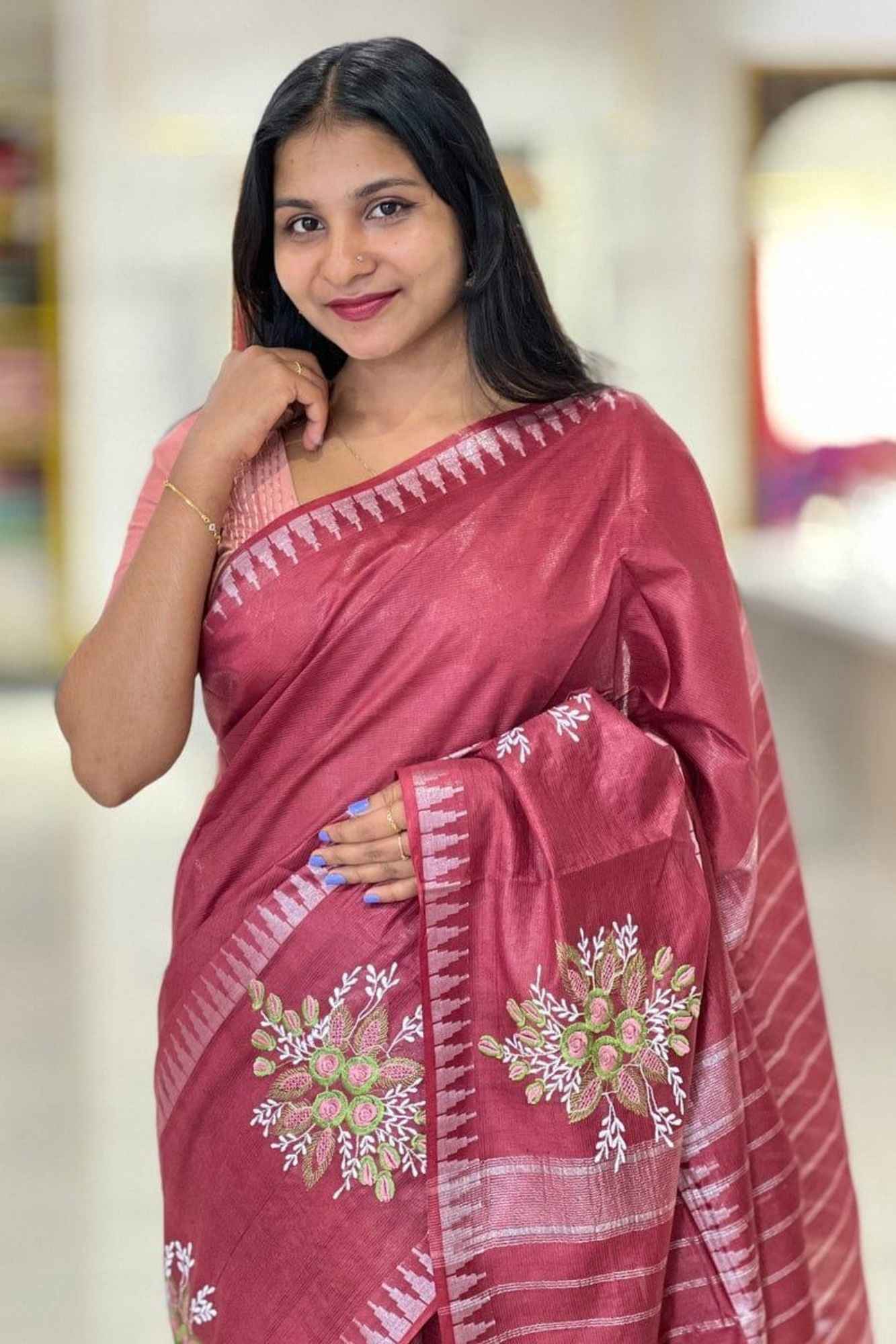 Kota Silk Staple Hand woven With Floral Embroidered Ready To Wear Saree