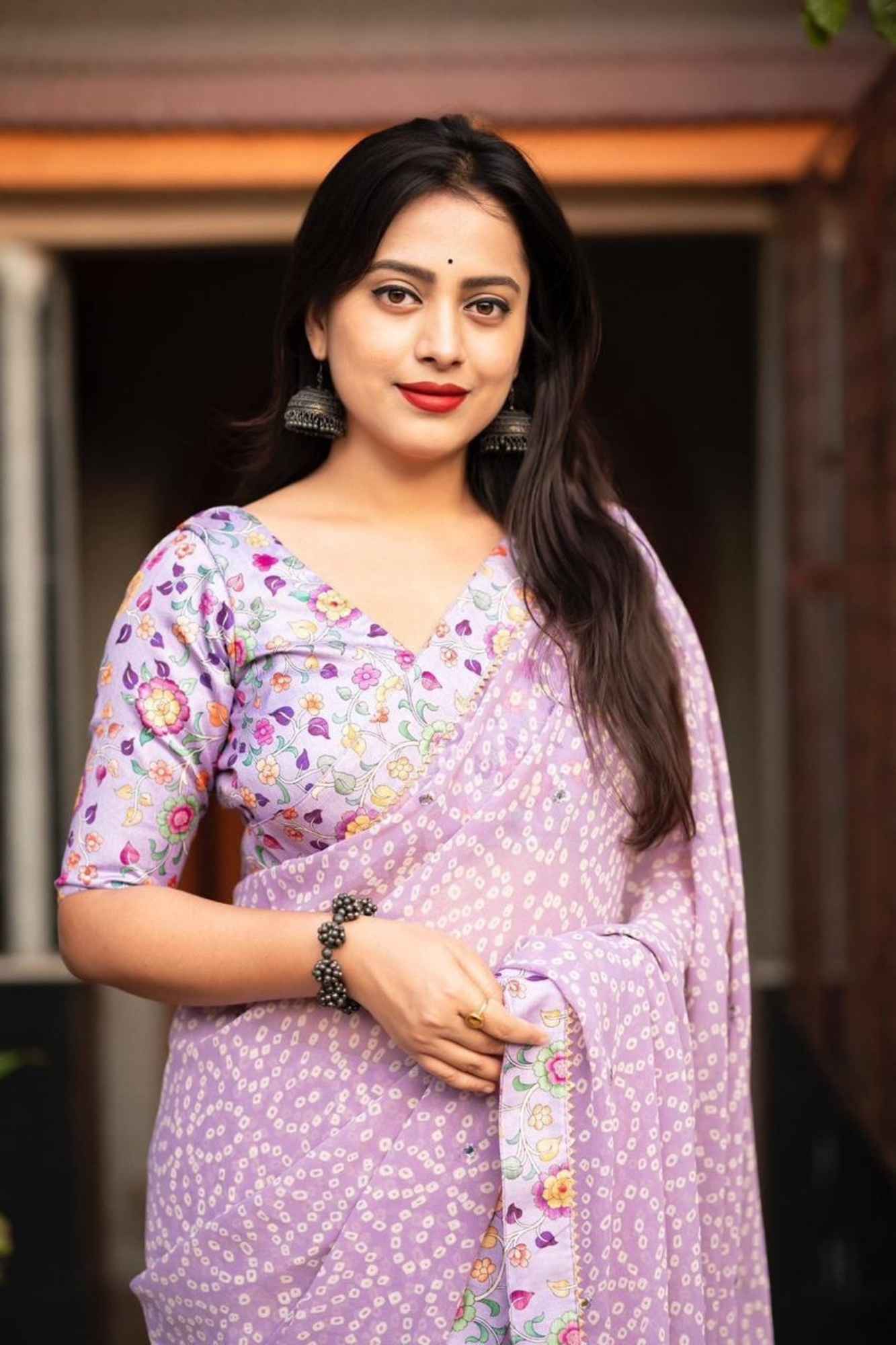 Georgette with Bandhej Prints & Kalamkari Patched Border Ready To Wear Saree