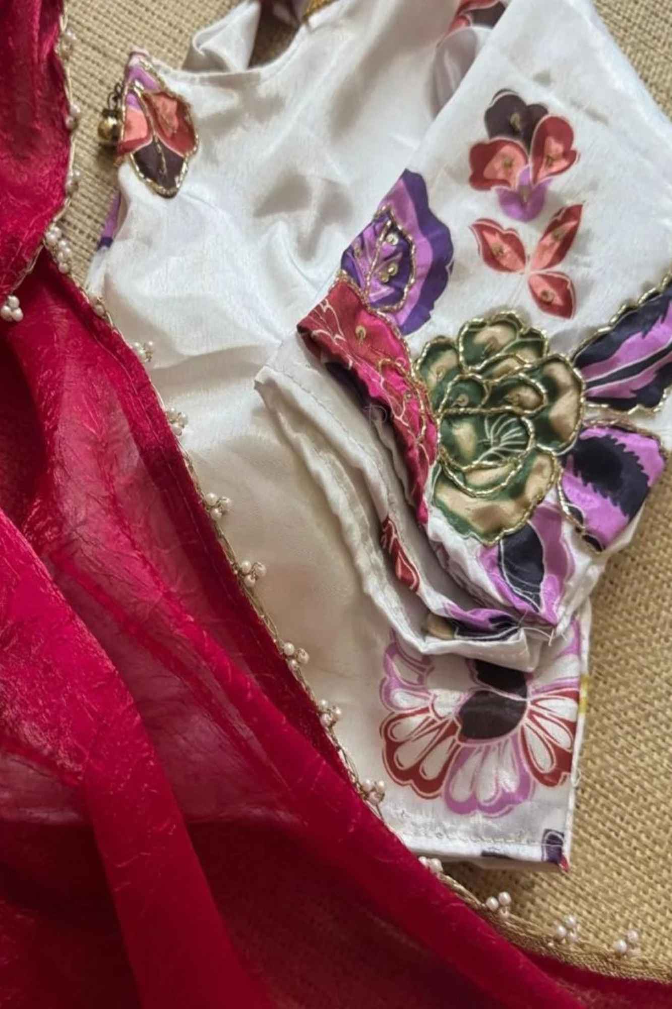 Beautiful Red Silk Crush Saree with Lace Trimmed Border & Full Stitched Kalamkari Print Handwork Blouse Wrap in 1 Minute Saree