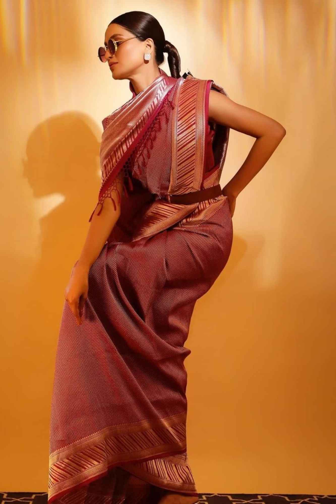 Beautiful Ready to wear Banarasi Soft Zari Tissue Silk saree with all over zari weaving & contrast border