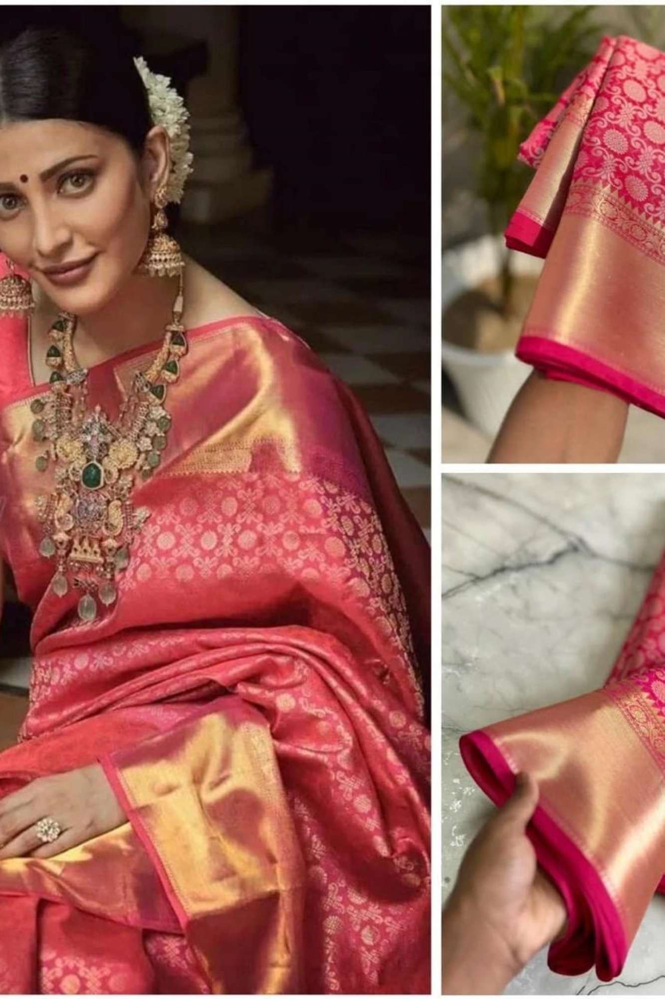 Shruti Hassan inspired Kanchi Pattu with Overall Golden Zari Jal work with pattu border Wrap in 1 minute Saree