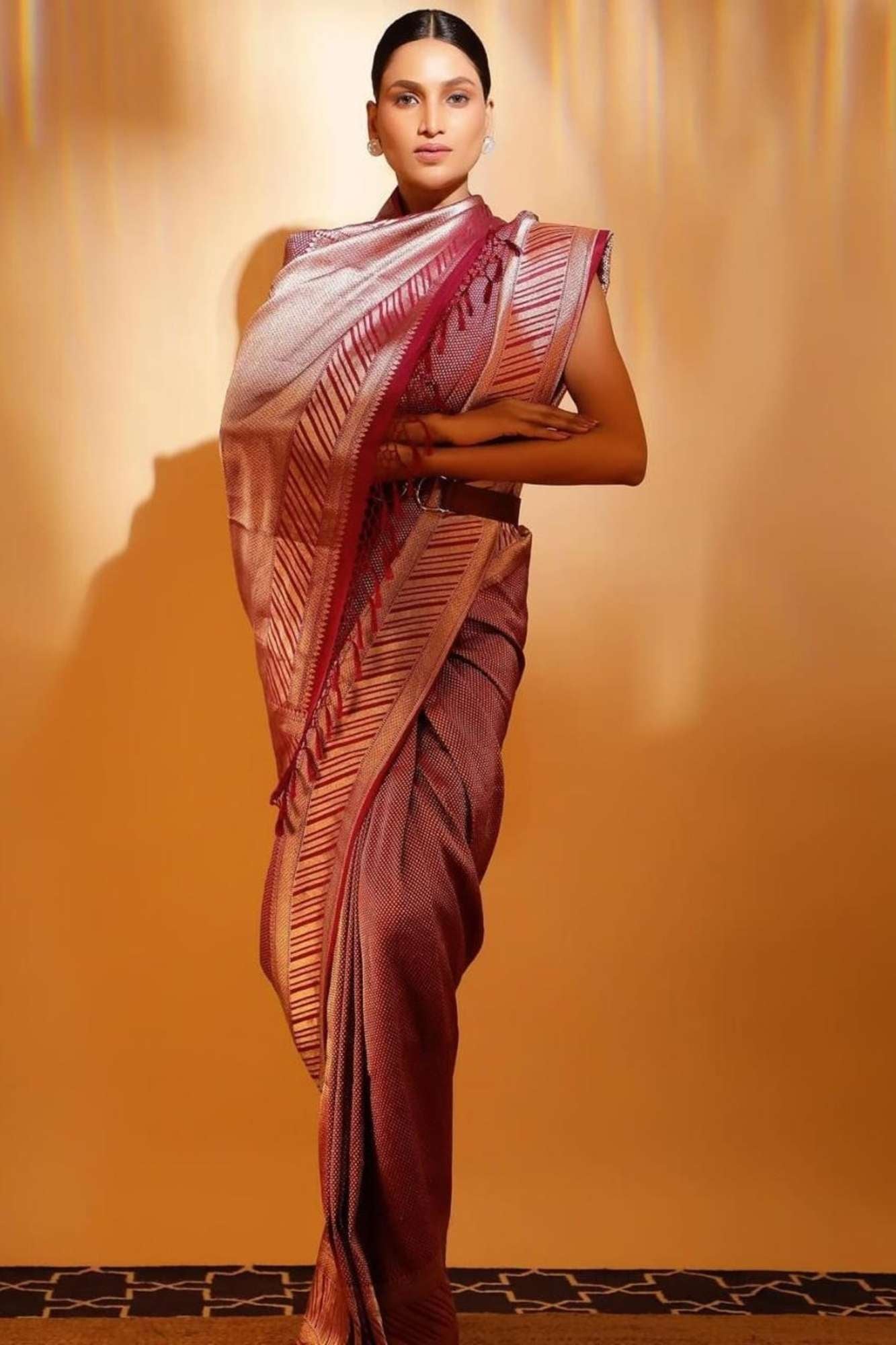 Beautiful Ready to wear Banarasi Soft Zari Tissue Silk saree with all over zari weaving & contrast border
