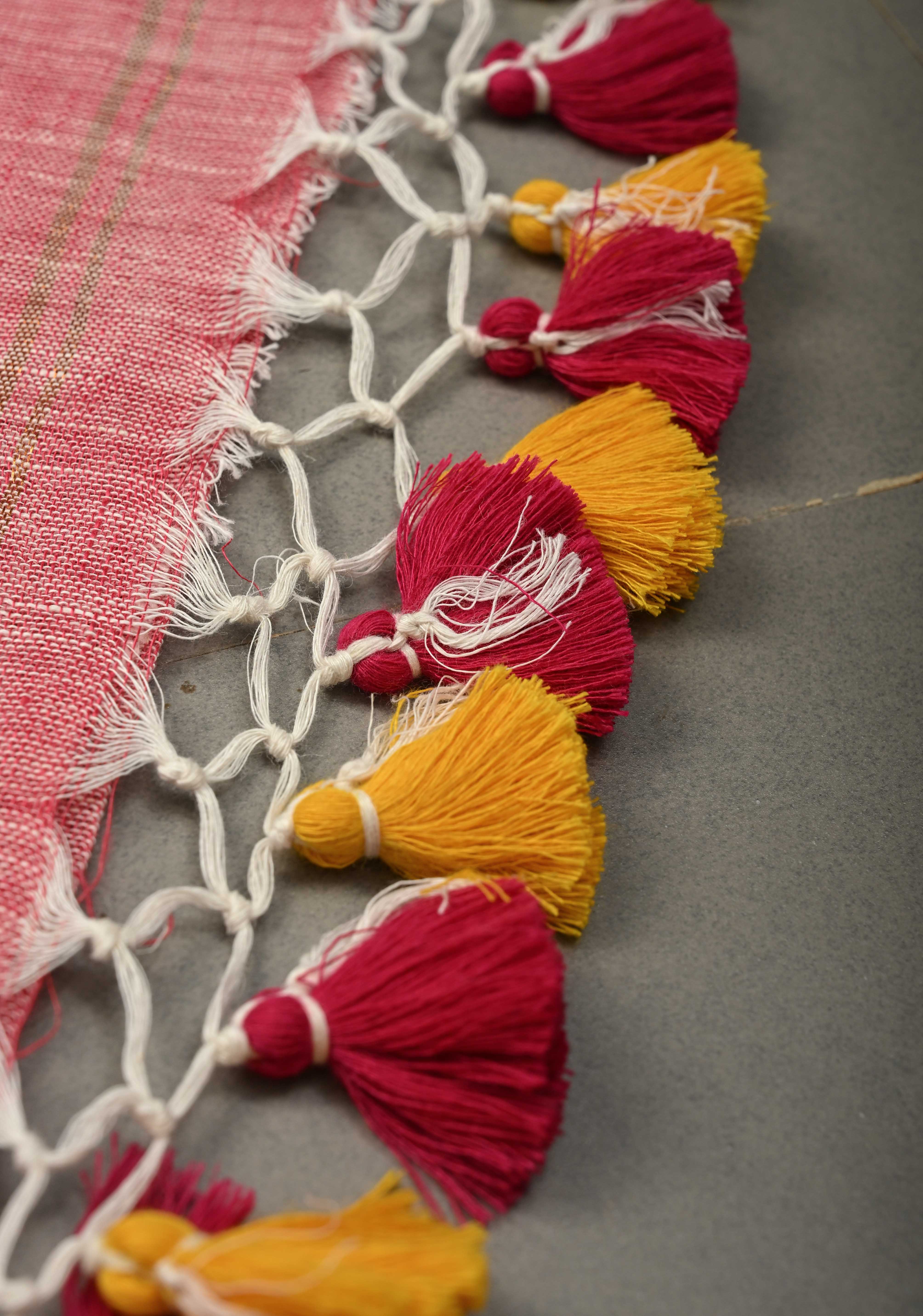 Lotus Pink Meenakari Buttas on Linen by Linen Saree with Paithani Pallu and Minimal Tissue Border | Shobitam