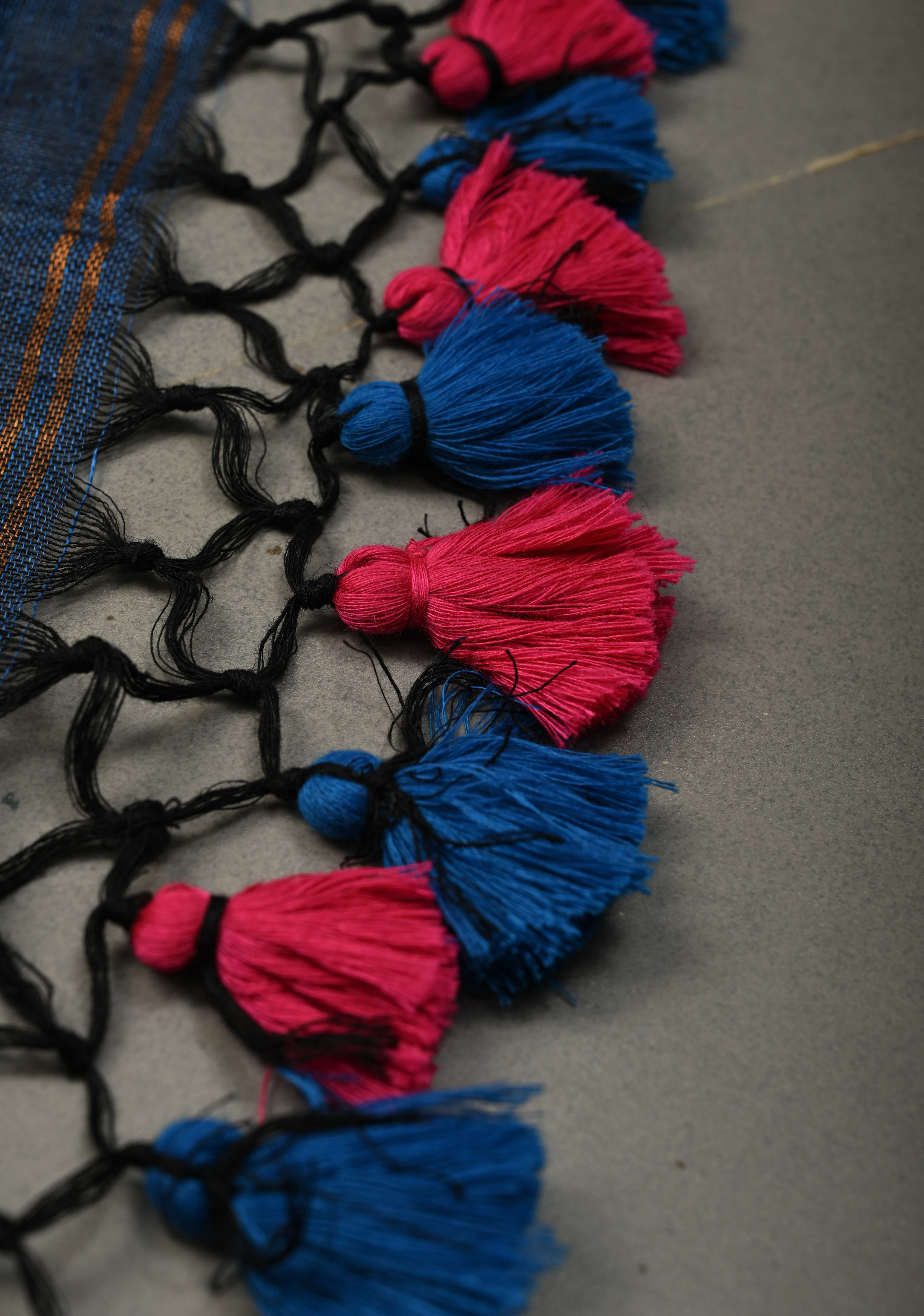 Deep indigo blue Meenakari Thread Buttas on Sagarika Linen Saree with Paithani Pallu and Minimal Tissue Border | Shobitam