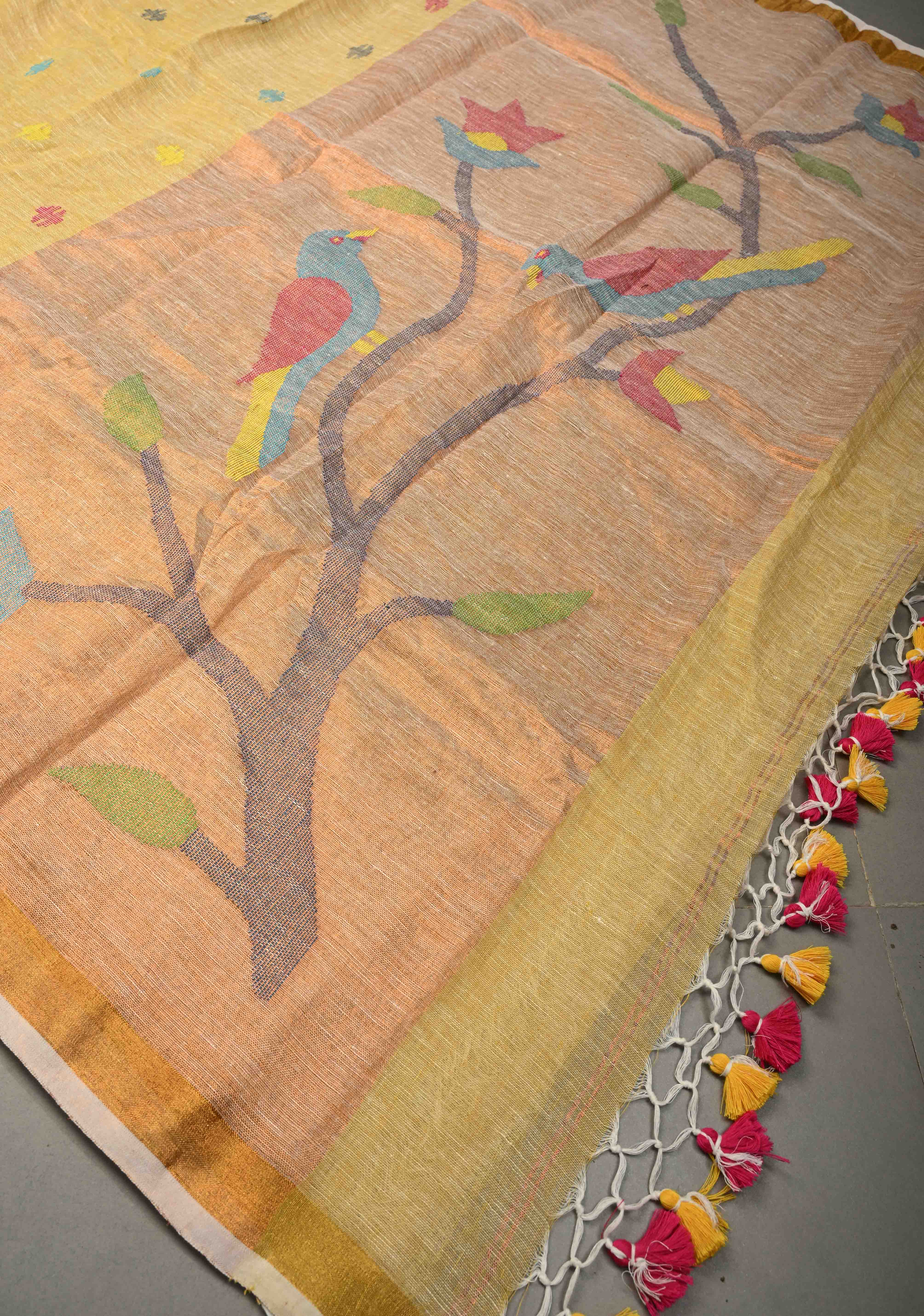 Sand Color Meenakari Buttas on Handloom Linen by Linen Saree with Paithani Pallu and Minimal Tissue Border | Shobitam