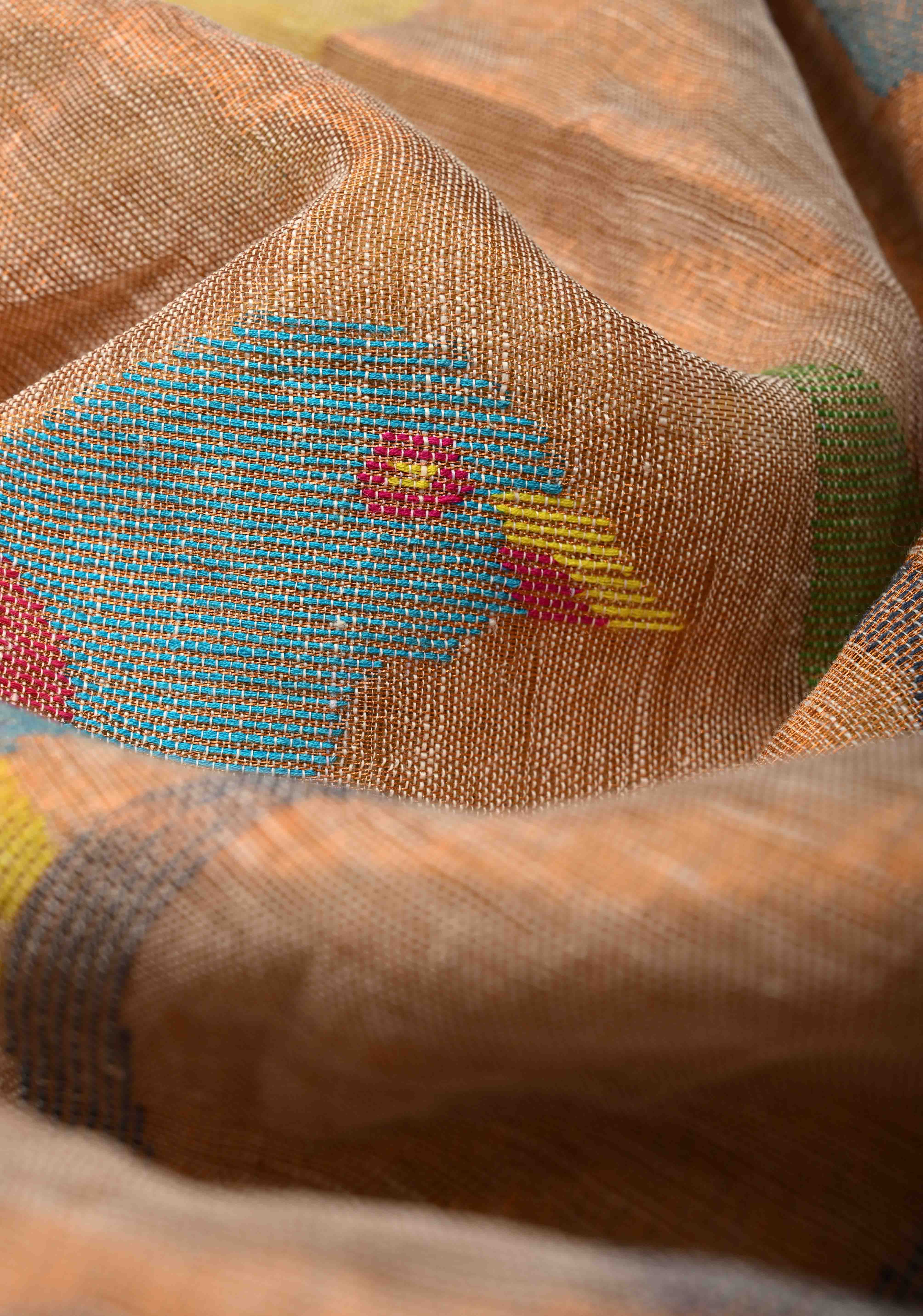 Sand Color Meenakari Buttas on Handloom Linen by Linen Saree with Paithani Pallu and Minimal Tissue Border | Shobitam