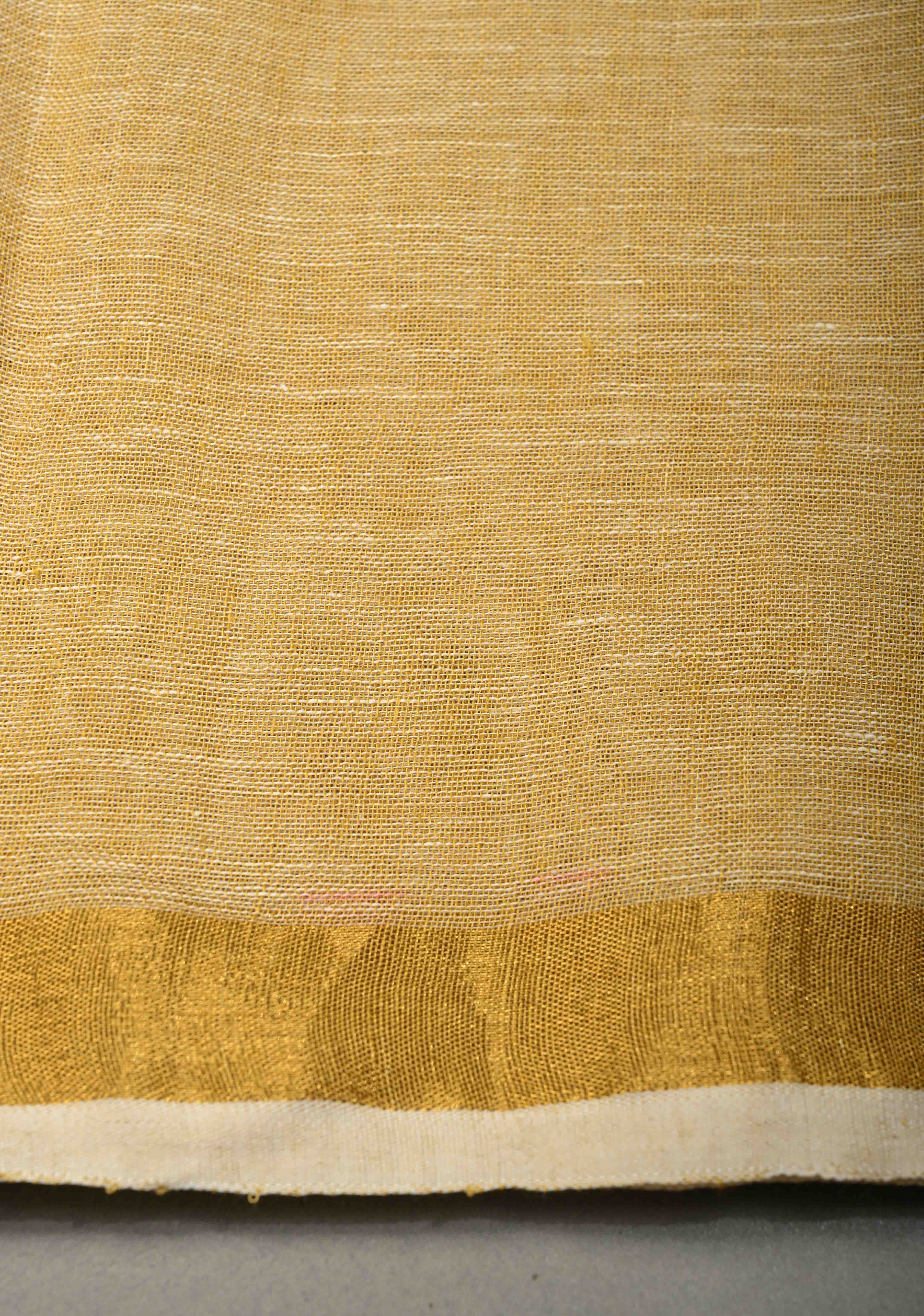 Sand Color Meenakari Buttas on Handloom Linen by Linen Saree with Paithani Pallu and Minimal Tissue Border | Shobitam