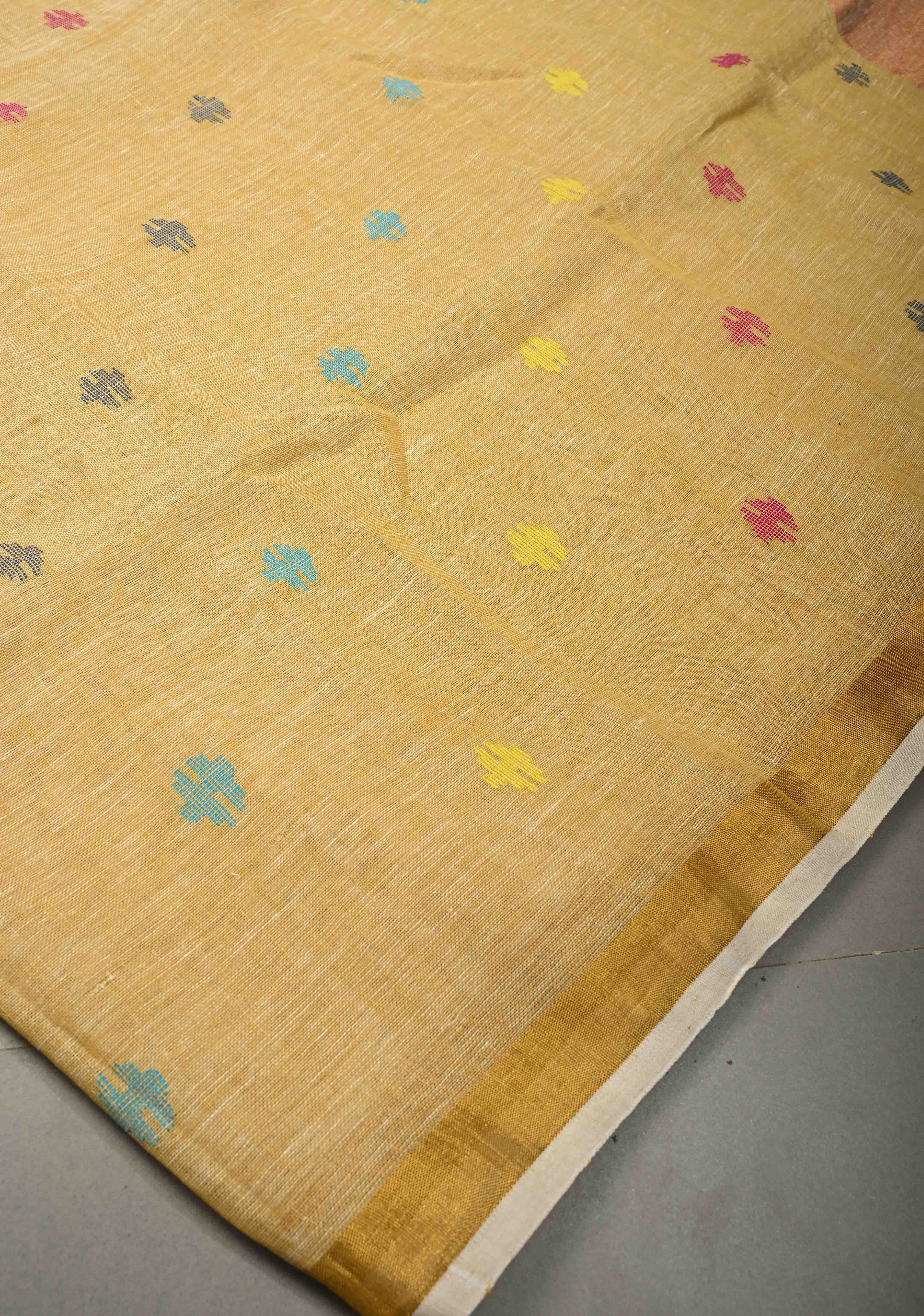 Sand Color Meenakari Buttas on Handloom Linen by Linen Saree with Paithani Pallu and Minimal Tissue Border | Shobitam