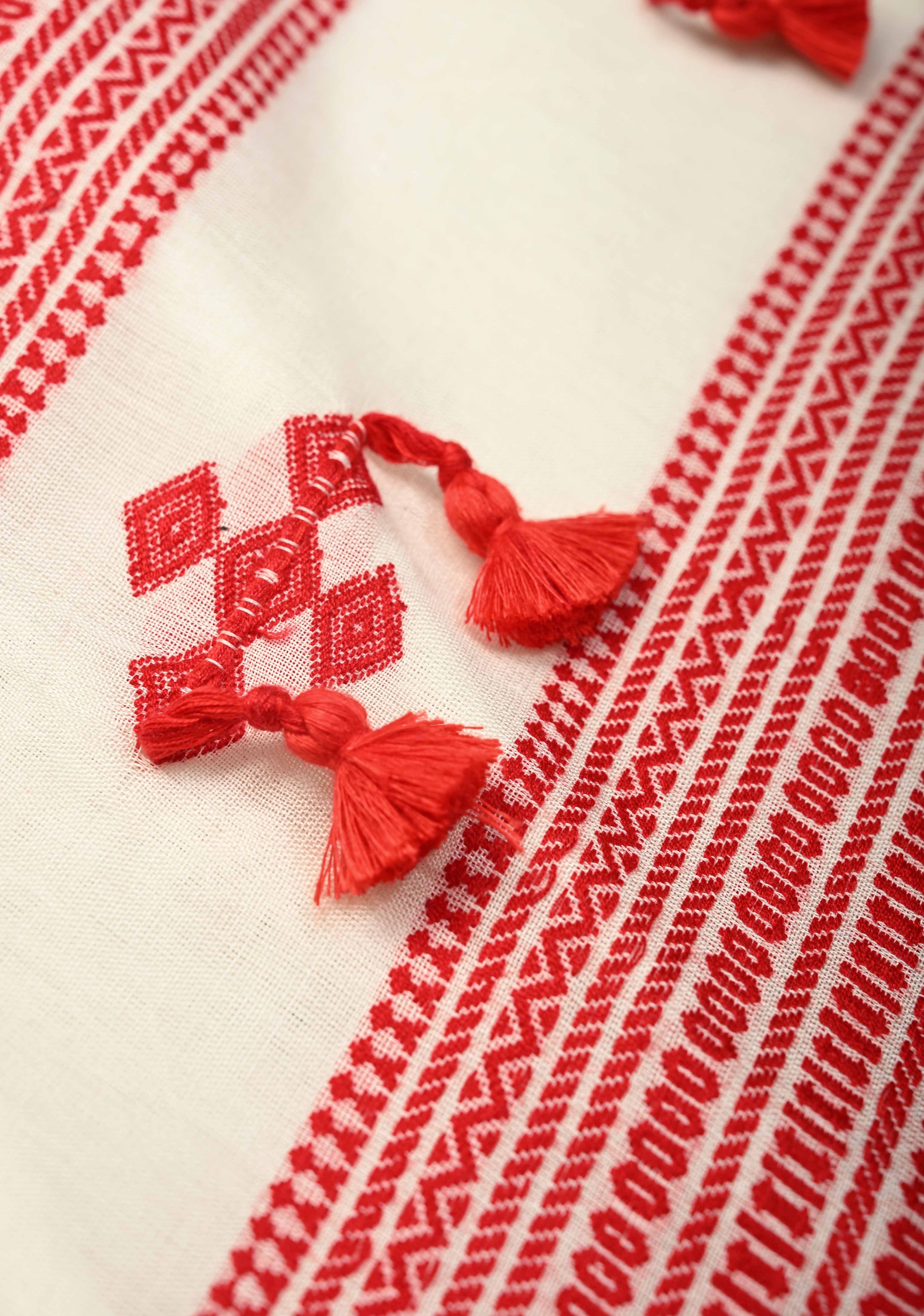 Off White Handloom Bengal Cotton Saree with Resham Buttas and Contrast Borders | Shobitam