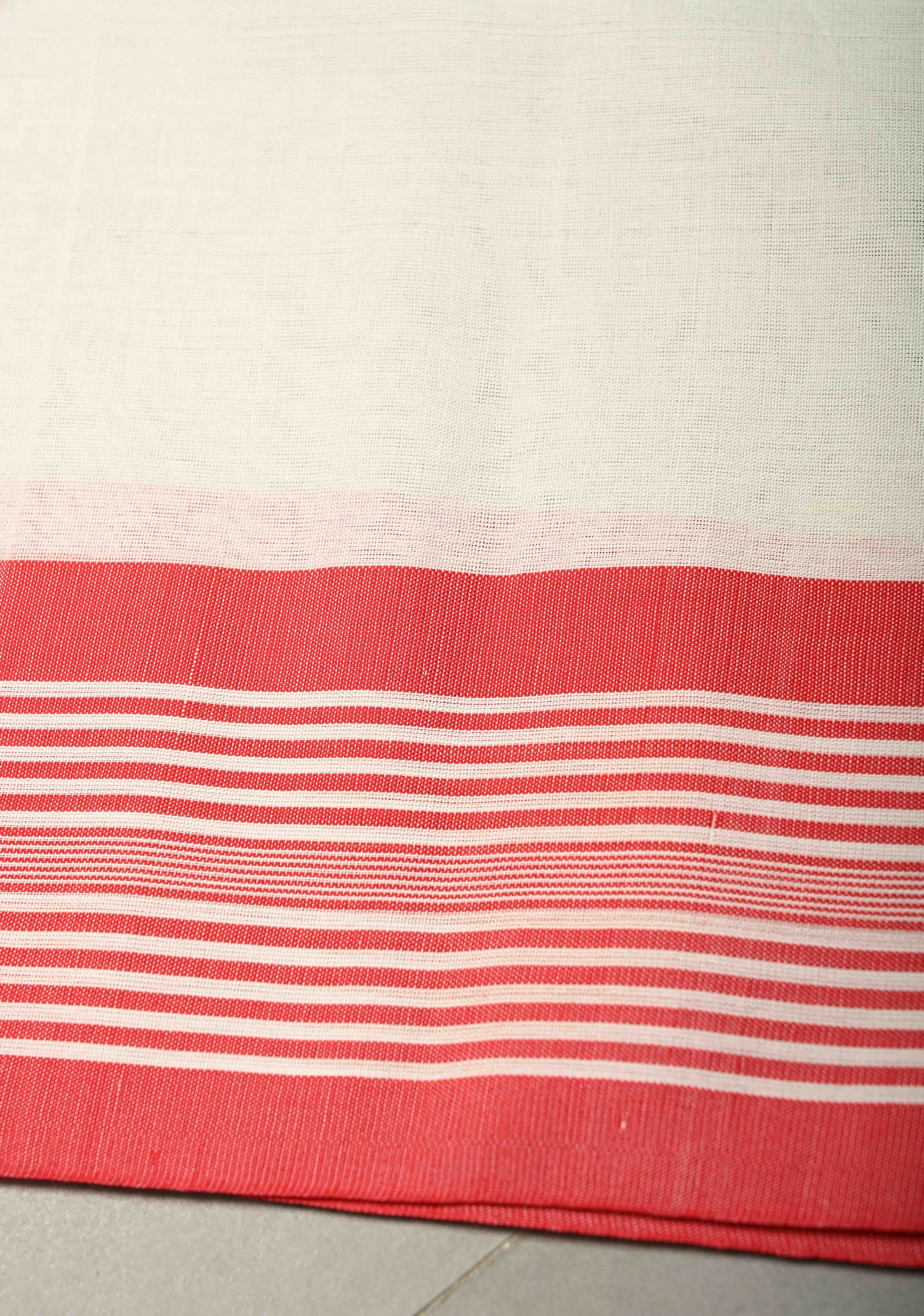 Off White Handloom Bengal Cotton Saree with Resham Buttas and Contrast Borders | Shobitam