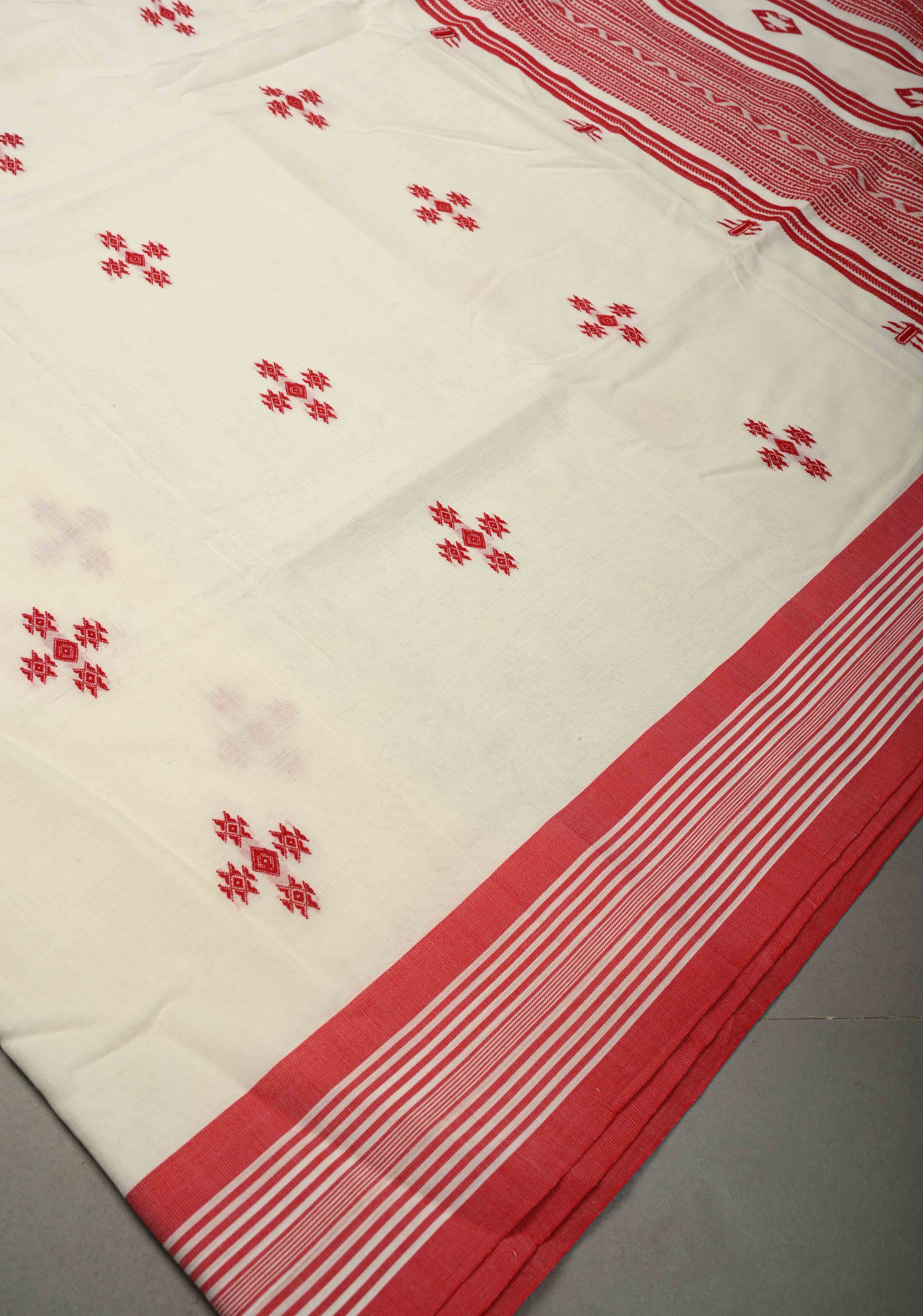 Off White Handloom Bengal Cotton Saree with Resham Buttas and Contrast Borders | Shobitam