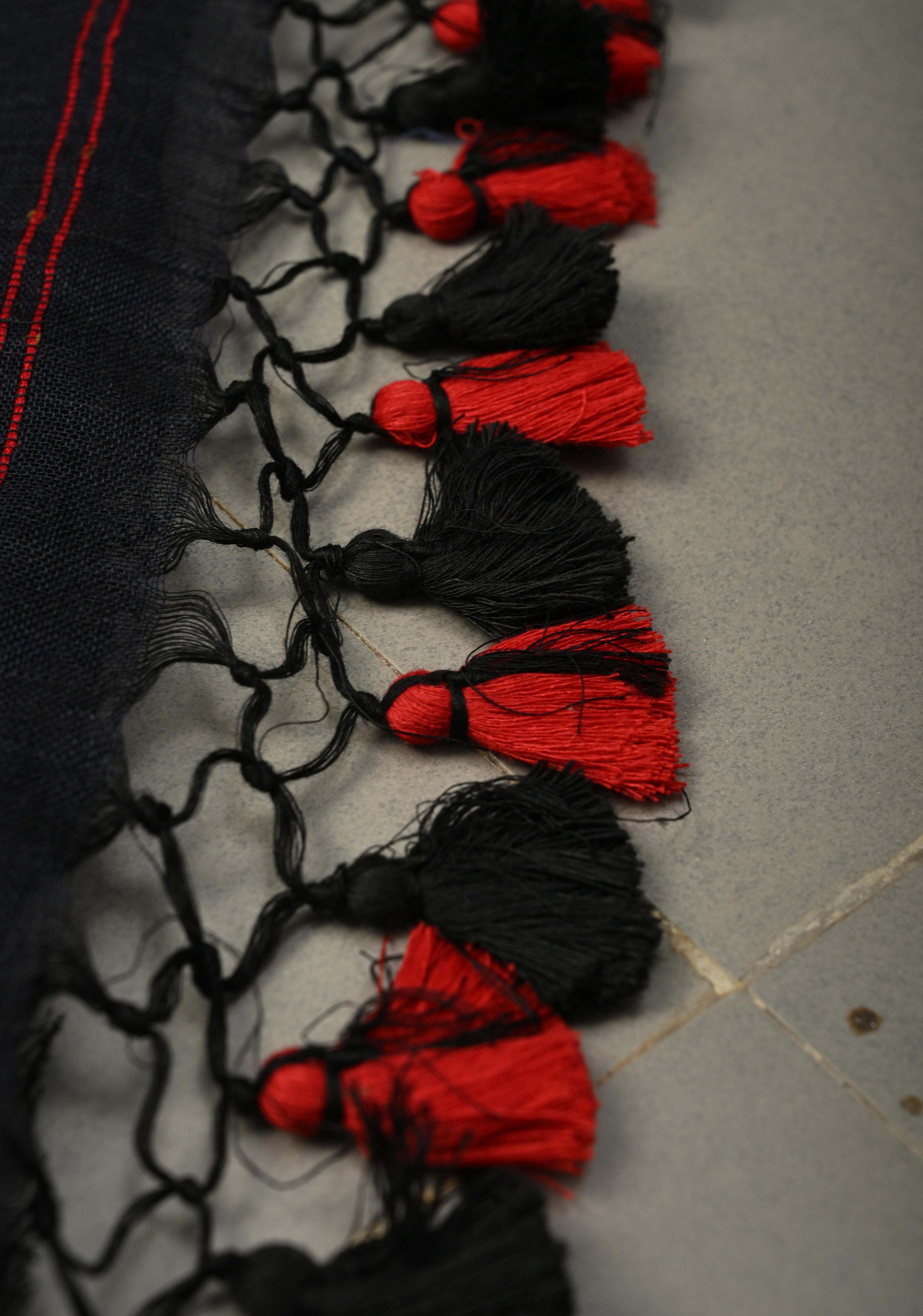 Deep Midnight Blue Handloom Linen by Linen Saree with Pocket Sequins Scallop Red Borders and Silver Tissue Pallu | Shobitam