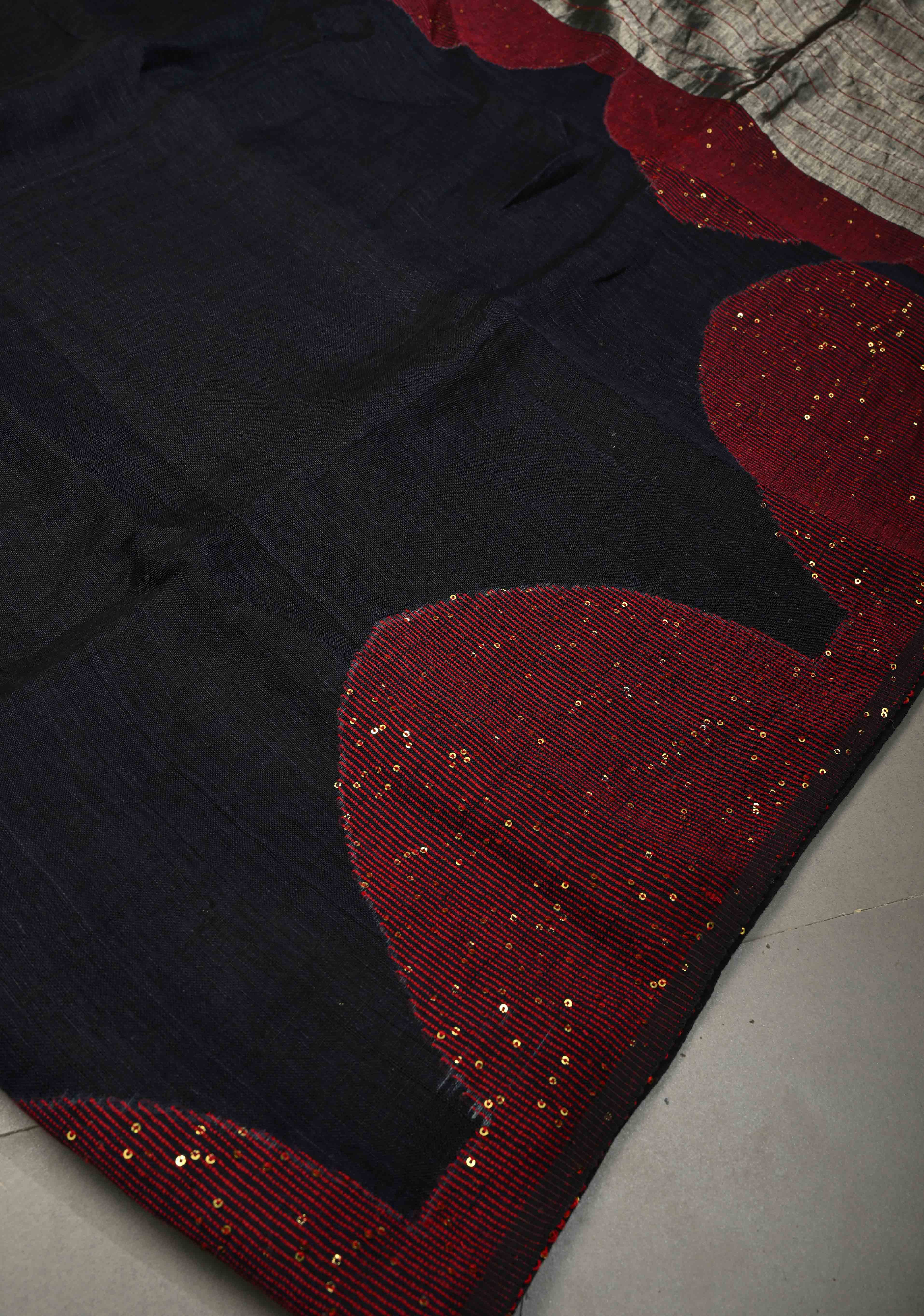 Deep Midnight Blue Handloom Linen by Linen Saree with Pocket Sequins Scallop Red Borders and Silver Tissue Pallu | Shobitam