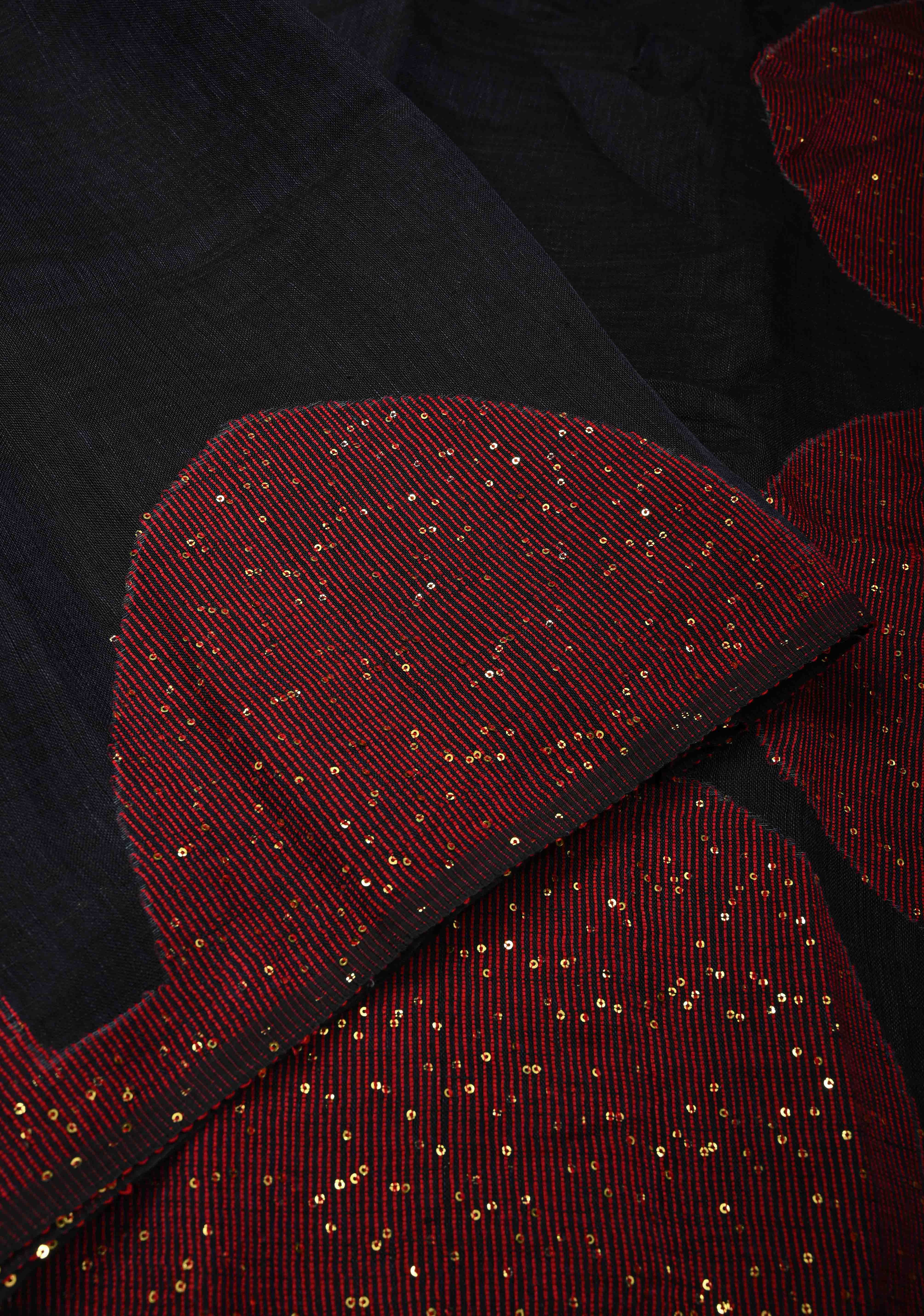Deep Midnight Blue Handloom Linen by Linen Saree with Pocket Sequins Scallop Red Borders and Silver Tissue Pallu | Shobitam