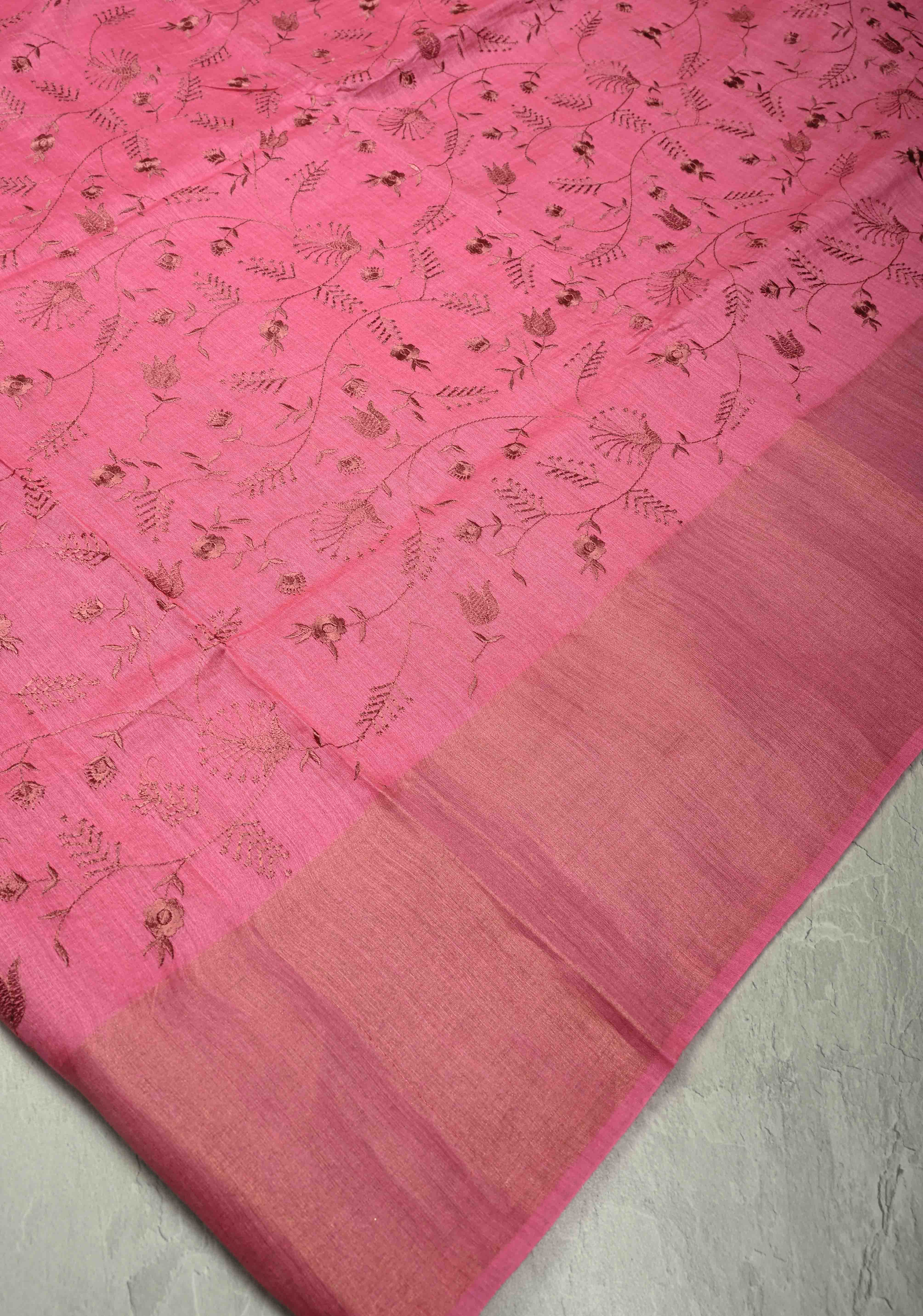Pink Tussar Silk Saree with Floral Embroidery and Muted zari Border | SILK MARK CERTIFIED | Shobitam