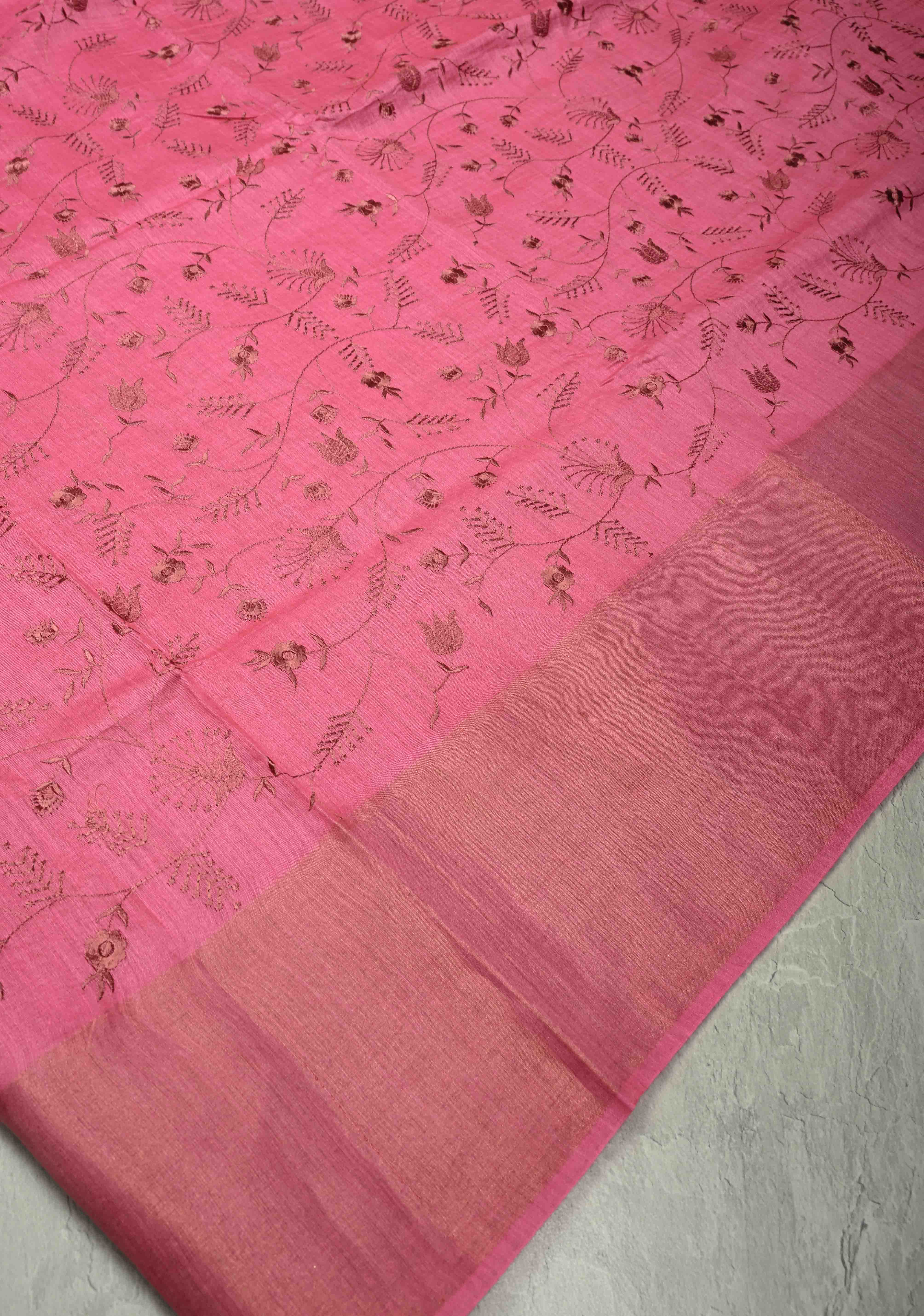 Pink Tussar Silk Saree with Floral Embroidery and Muted zari Border | SILK MARK CERTIFIED | Shobitam