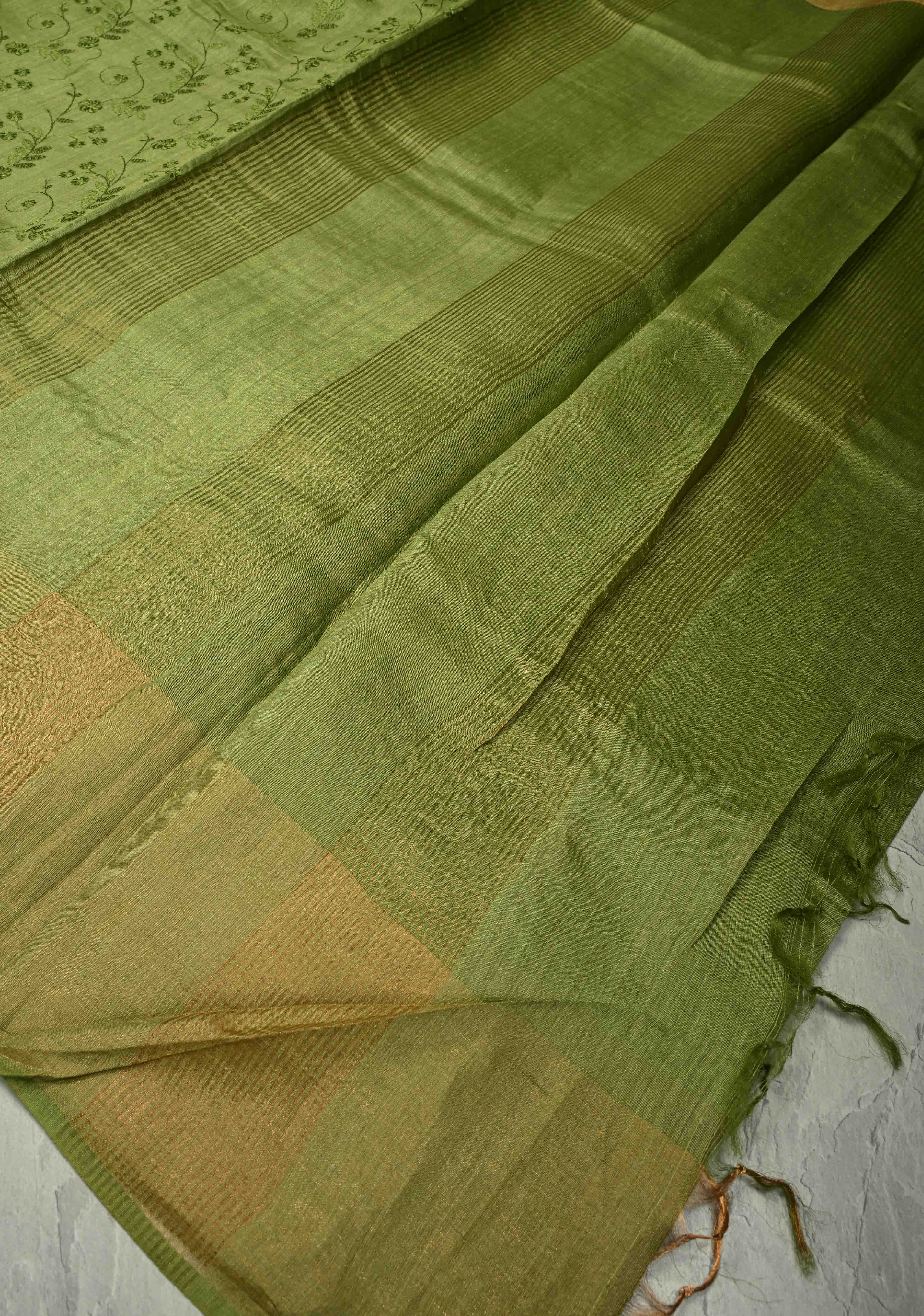 Green Tussar Silk Saree with Floral Embroidery and Muted zari Border | SILK MARK CERTIFIED | Shobitam