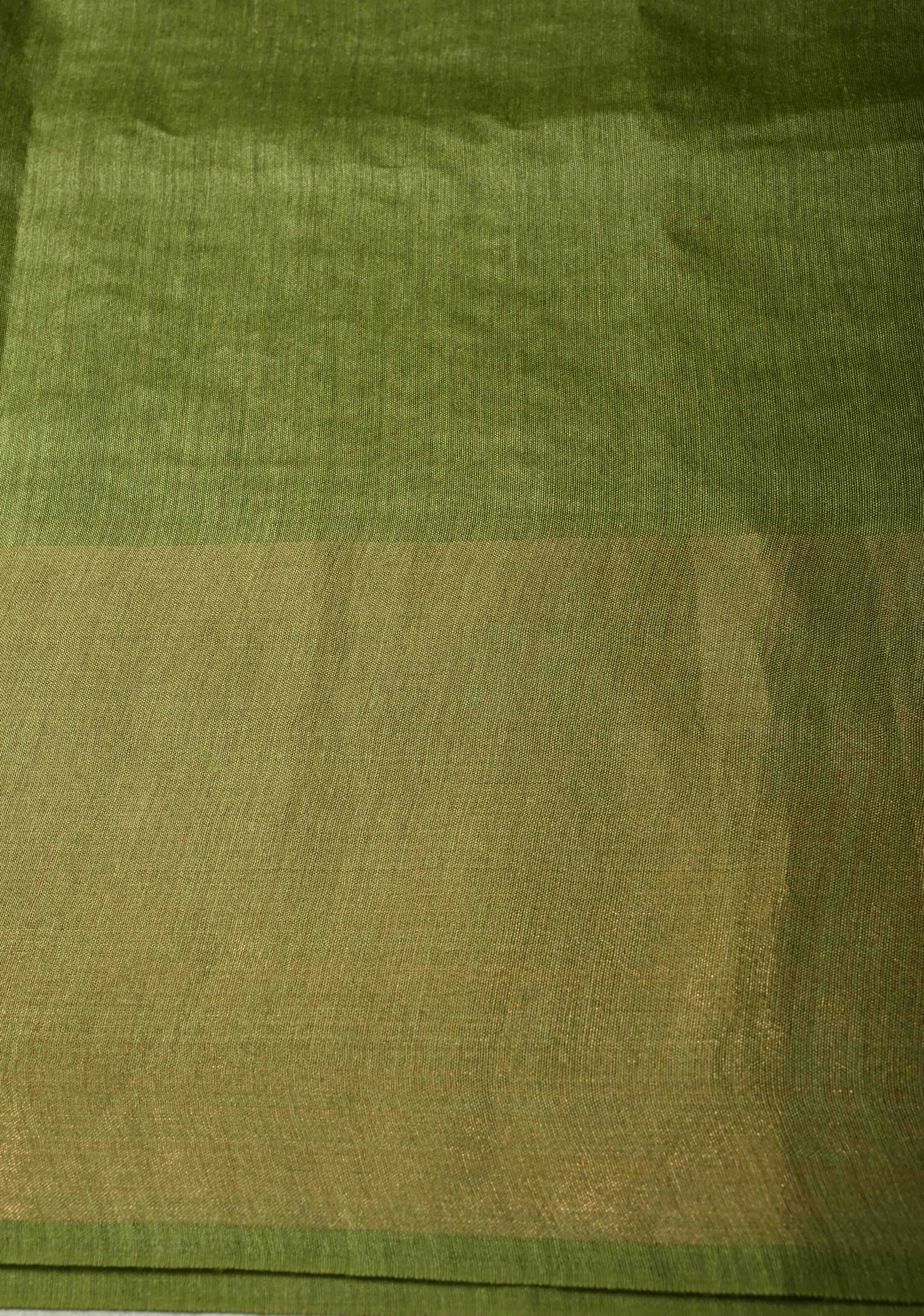 Green Tussar Silk Saree with Floral Embroidery and Muted zari Border | SILK MARK CERTIFIED | Shobitam