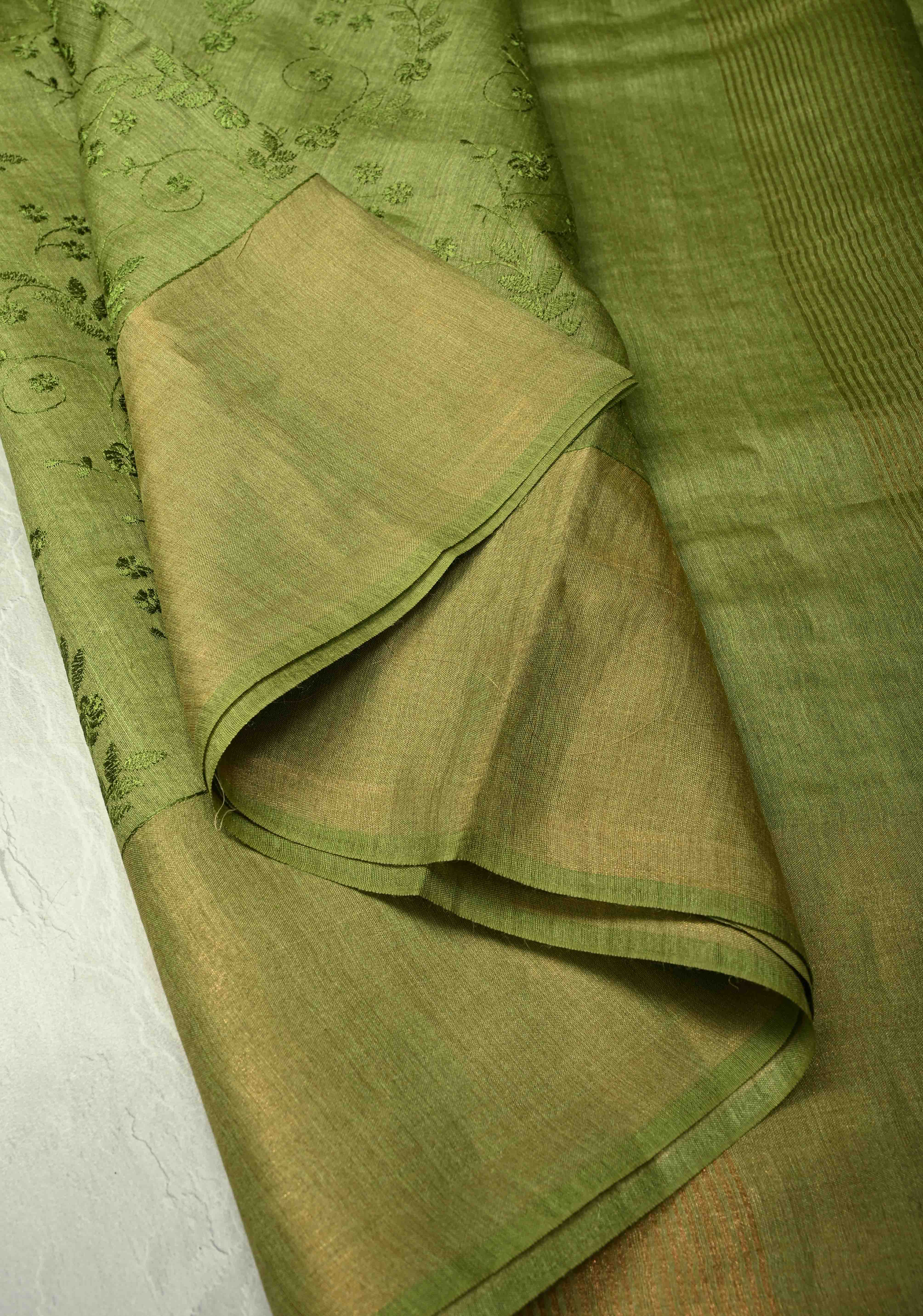 Green Tussar Silk Saree with Floral Embroidery and Muted zari Border | SILK MARK CERTIFIED | Shobitam