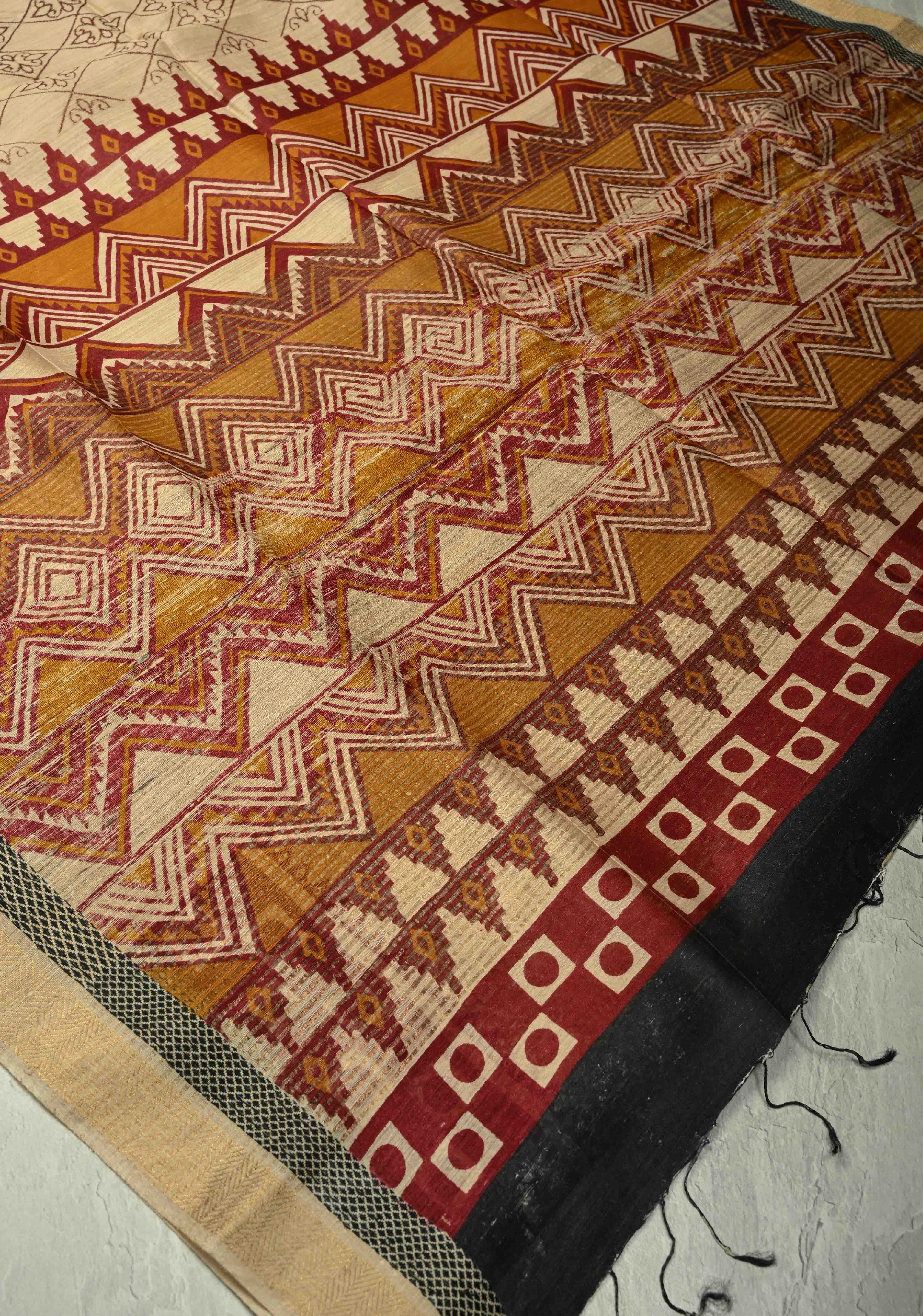 Beige Floral Digital Print Banarasi Tussar Silk Saree with Minimal Zari Border | SILK MARK CERTIFIED | Shobitam