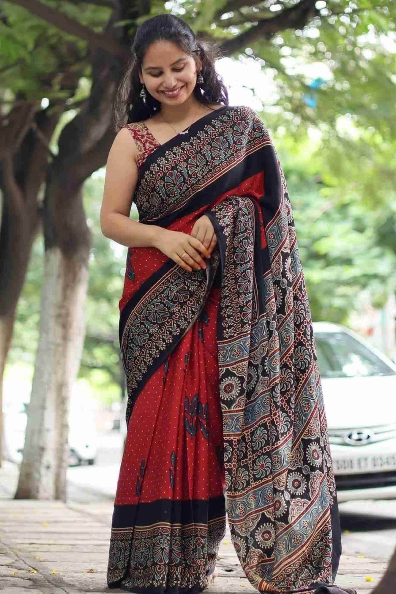 Soft Silk Red and Black Ajrakh Digital Print Ready To Wear Saree