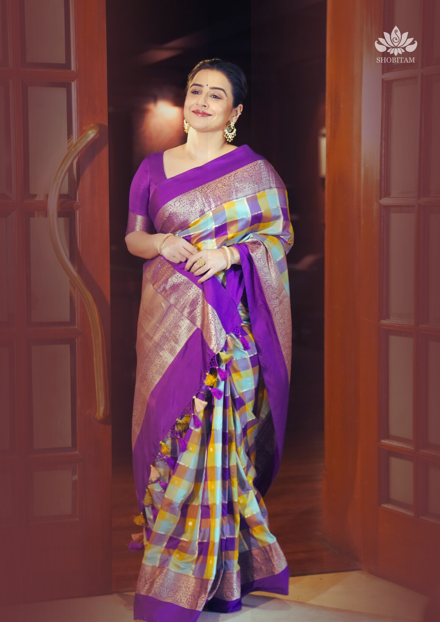 Exquisite Vidya Balan Checks Banarasi Silk Saree with Buttas and Kanjivaram Style Borders | SILK MARK CERTIFIED | Shobitam