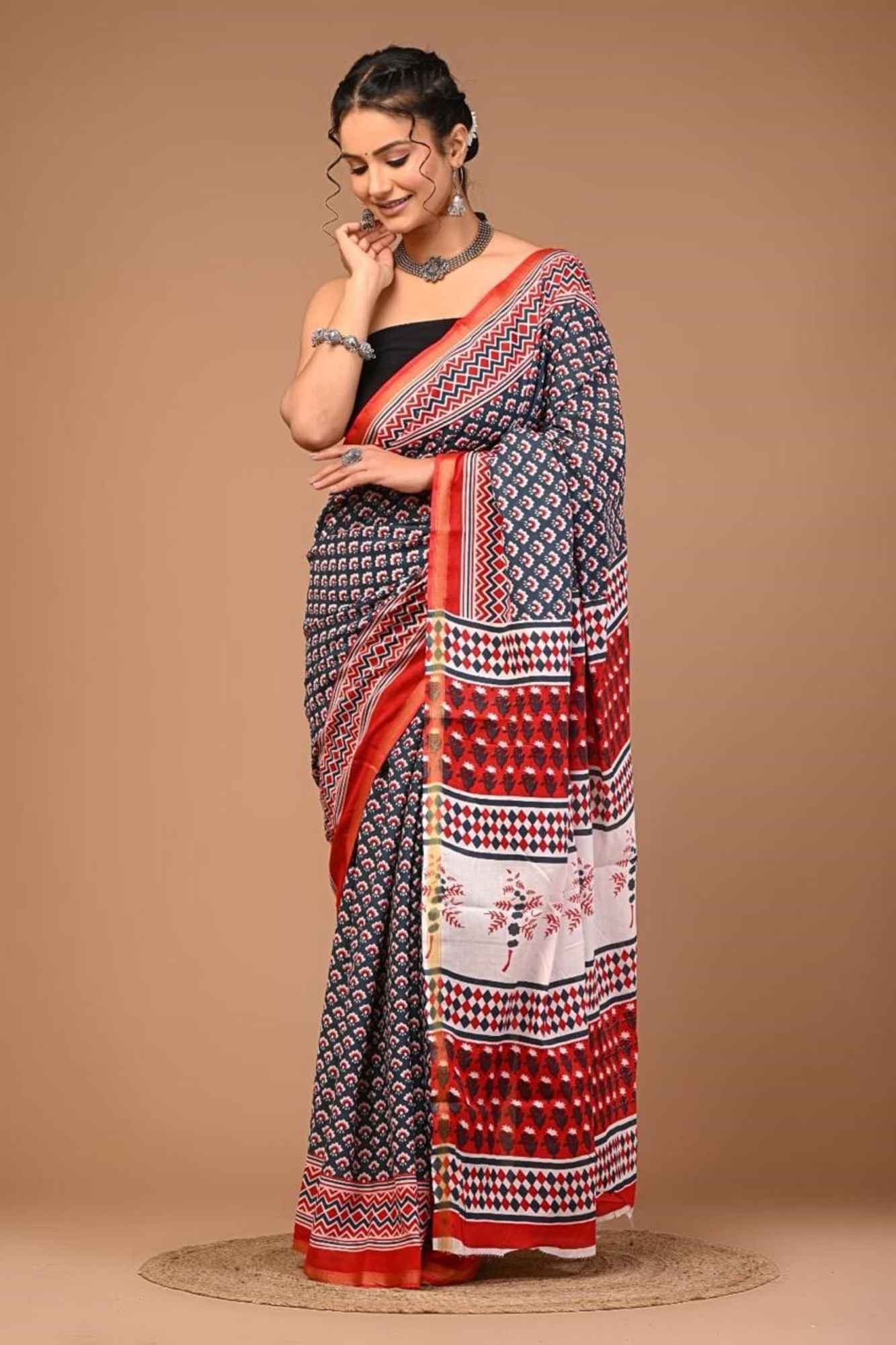 Cotton Jaipuri Printed Zari with Elegant Traditional Detailing Ready To Wear Saree