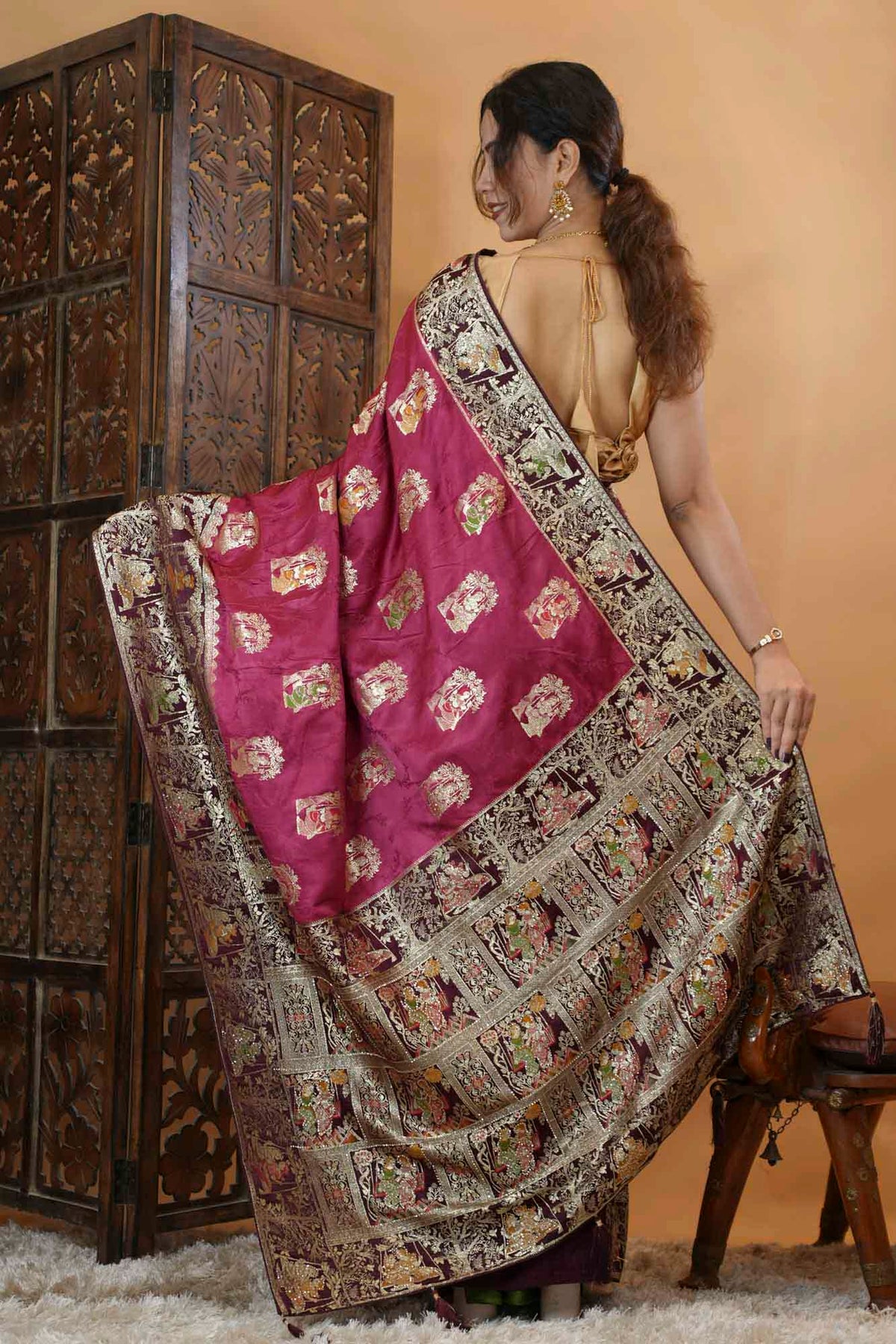 Banarasi Silk Inspired Detailed With Radha Krishna Zari & Stone Intricate Predrape Saree