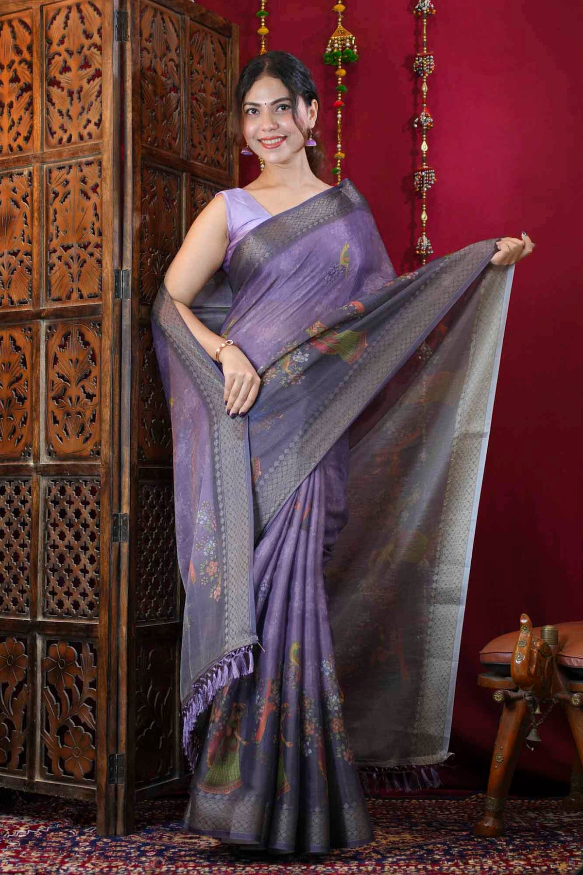Heritage Pattachitra Art With Tassels On Palla Tissue Linen Ready To Wear Saree