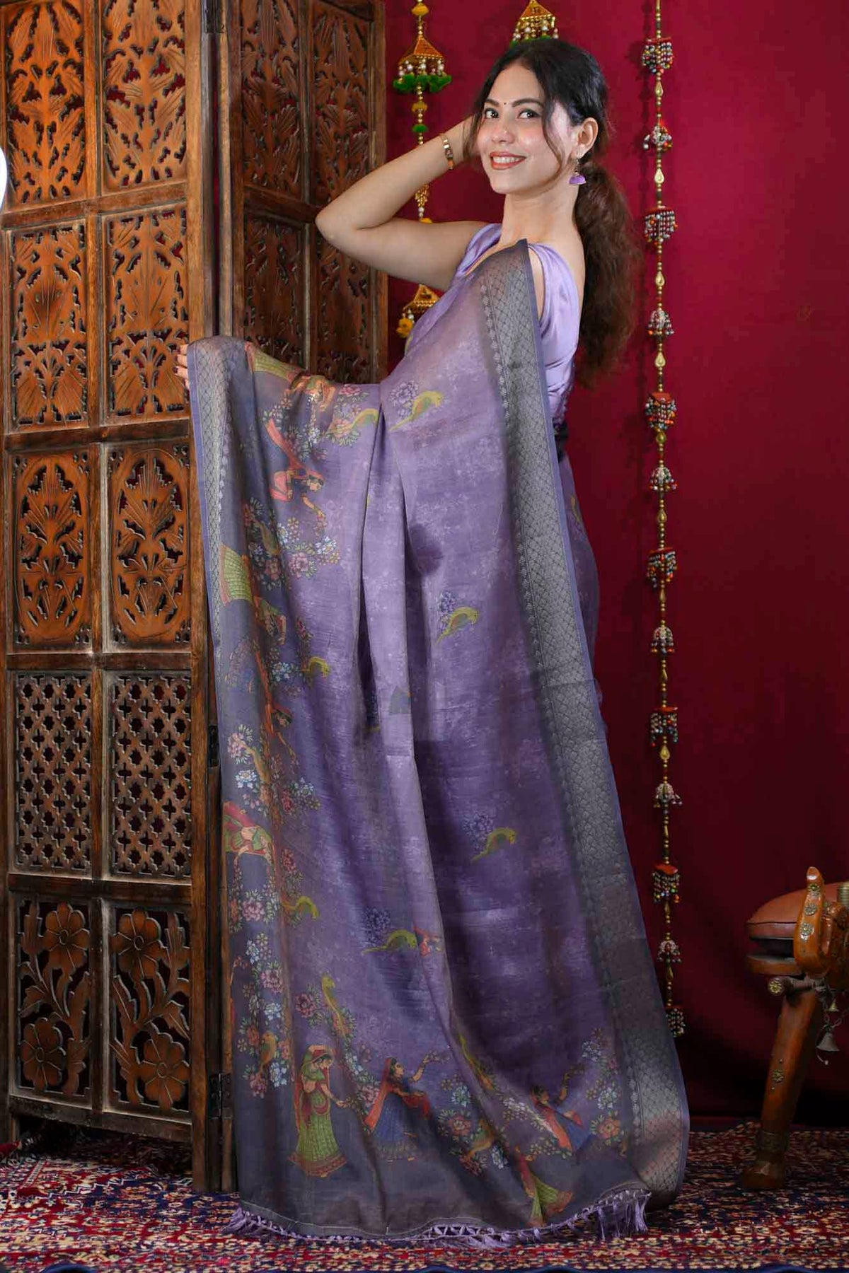 Heritage Pattachitra Art With Tassels On Palla Tissue Linen Ready To Wear Saree