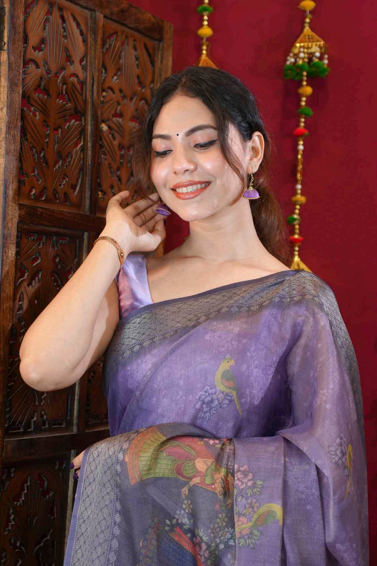 Heritage Pattachitra Art With Tassels On Palla Tissue Linen Ready To Wear Saree