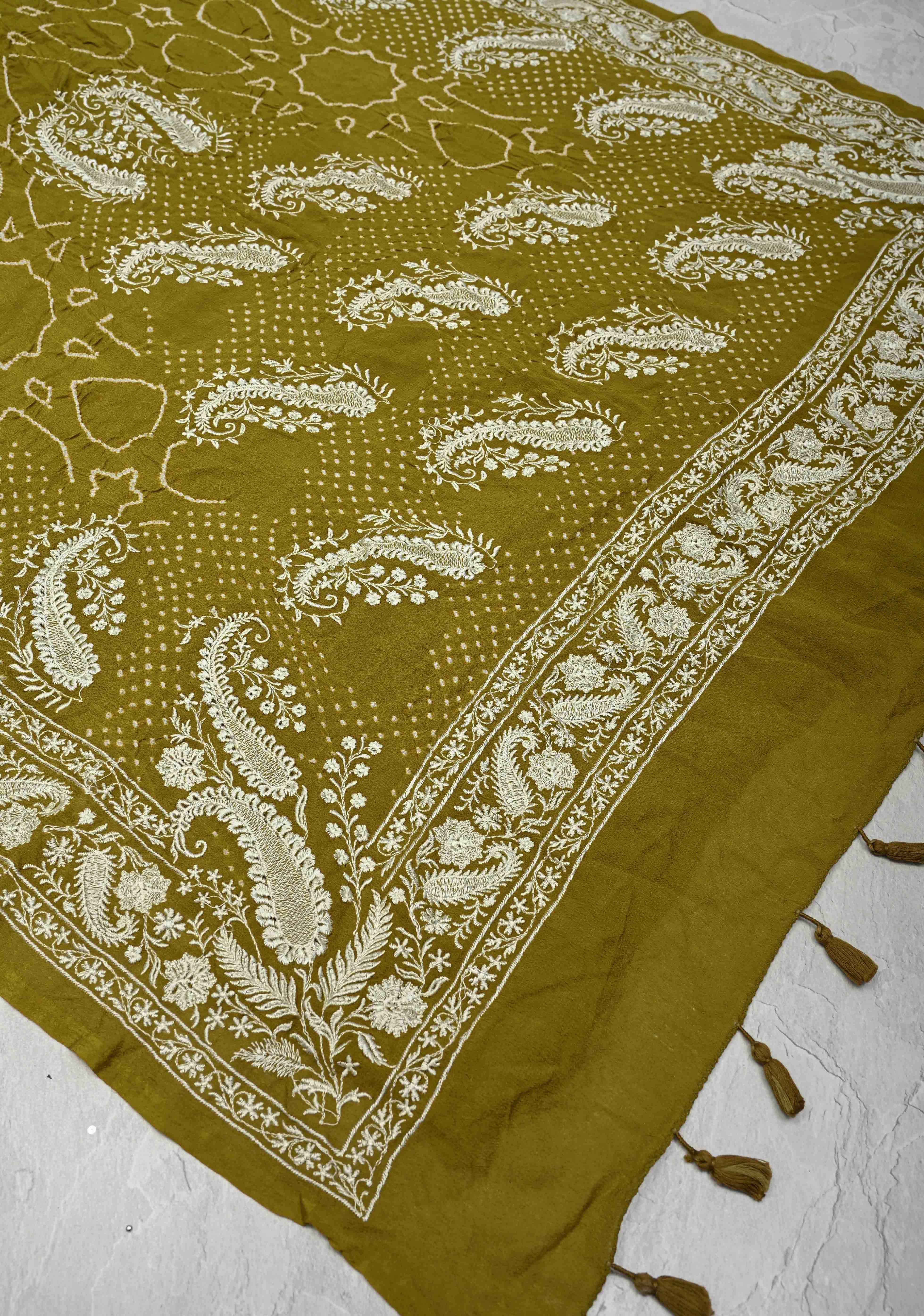 Olive Green Pure Silk Georgette Saree with Sarkam Bandhej and Chikankai Style Machine Embroidered Border| SILK MARK CERTIFIED | SHOBITAM
