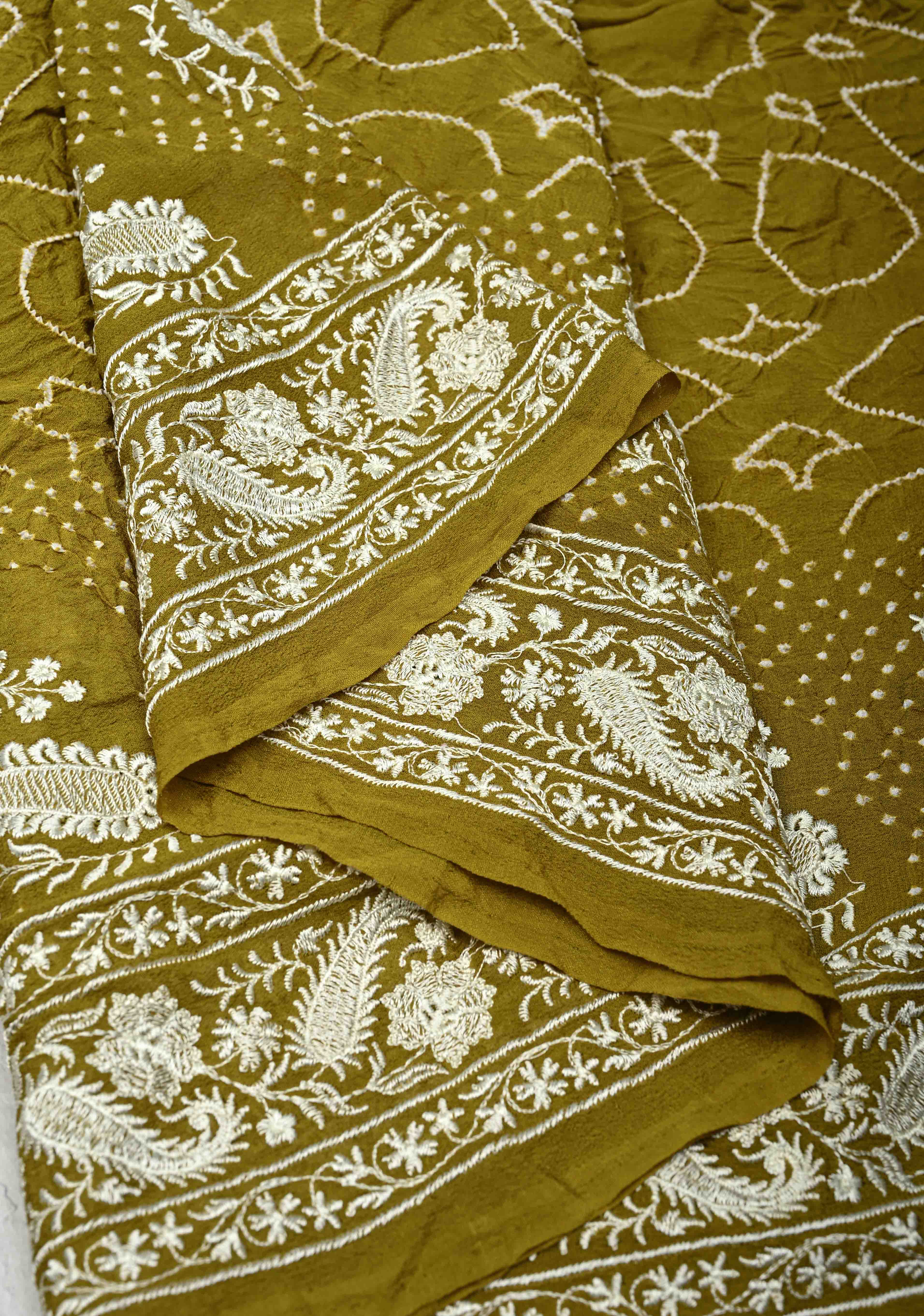 Olive Green Pure Silk Georgette Saree with Sarkam Bandhej and Chikankai Style Machine Embroidered Border| SILK MARK CERTIFIED | SHOBITAM