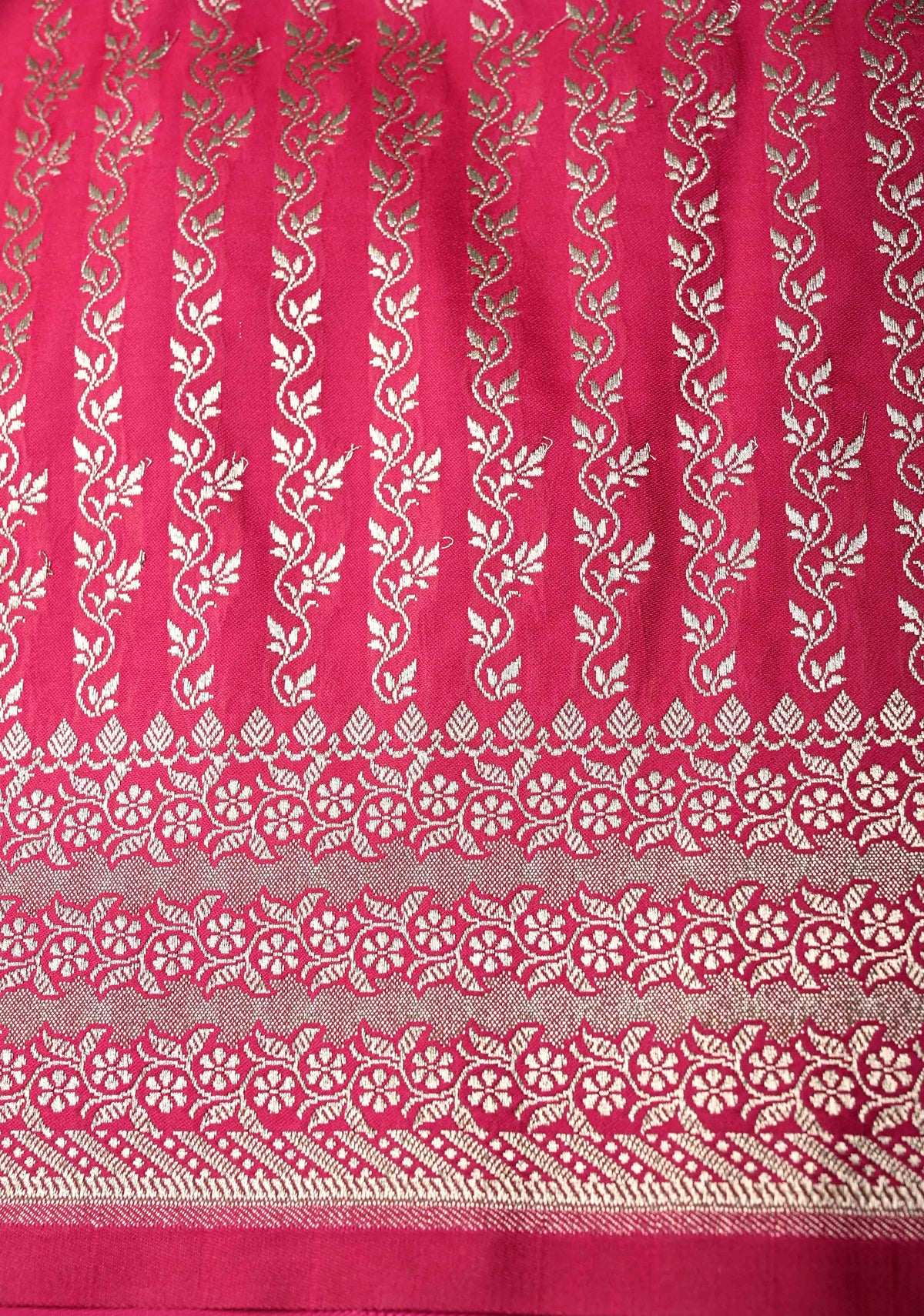 Rani Pink Banarasi Semi Mashru Silk Saree with Floral Silver Zari Buttas and Zari Border | SHOBITAM