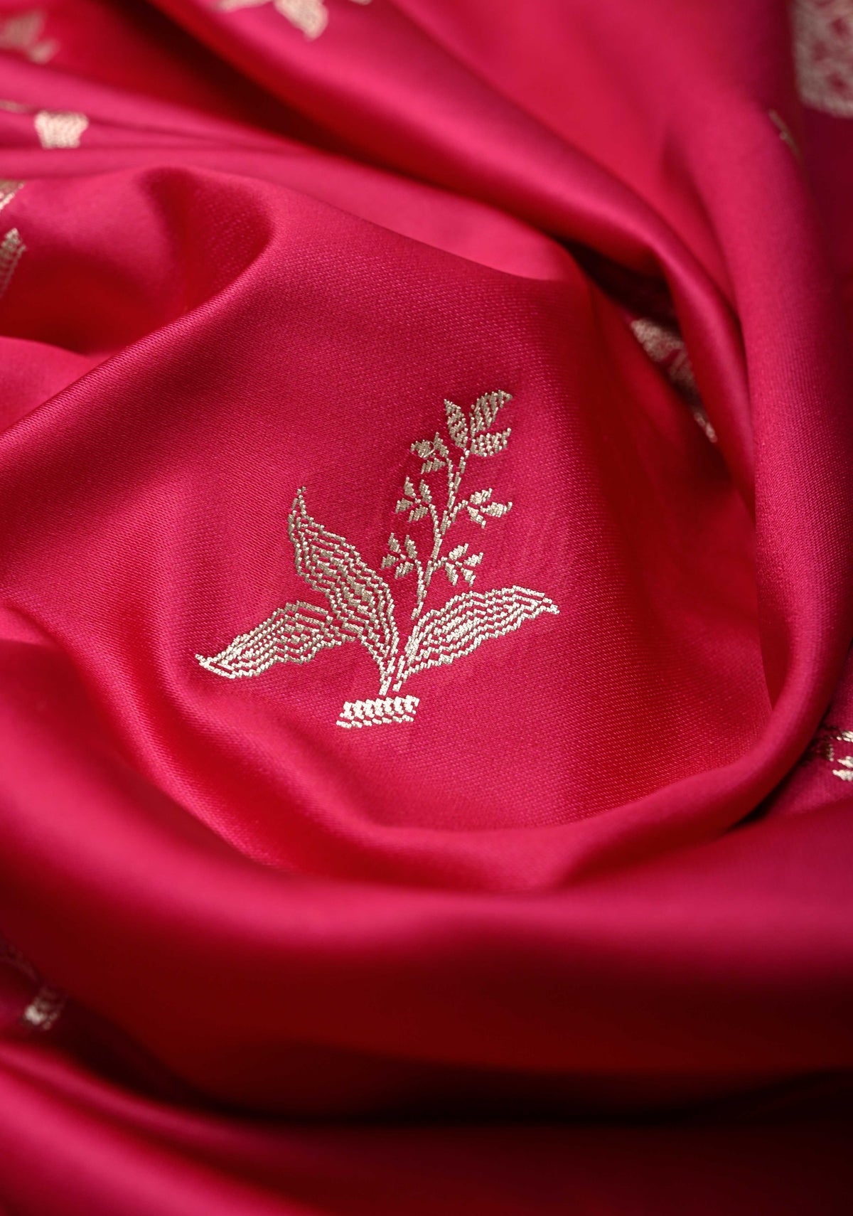 Rani Pink Banarasi Semi Mashru Silk Saree with Floral Silver Zari Buttas and Zari Border | SHOBITAM