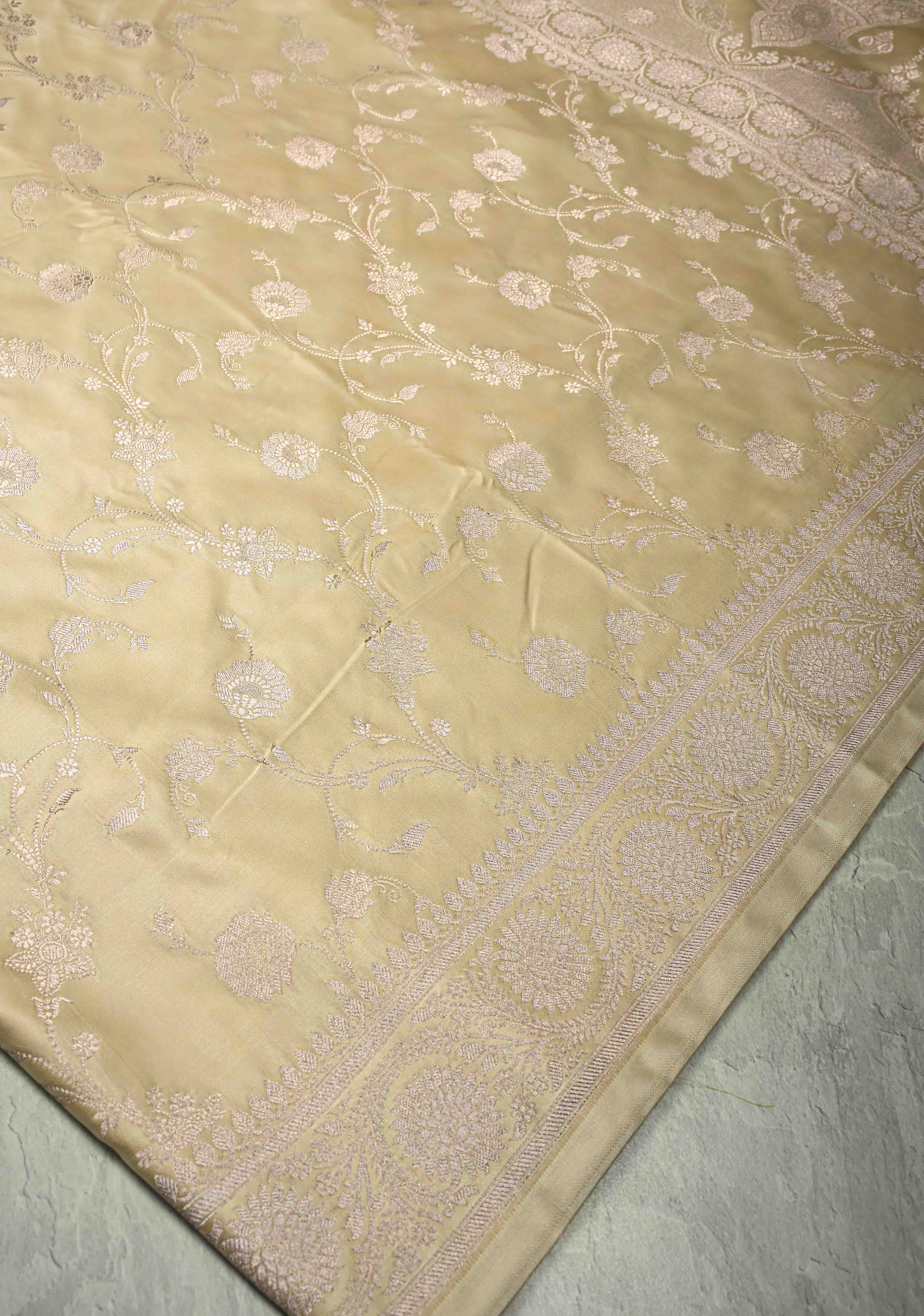 Champagne Banarasi Semi Mashru Silk Saree with Floral Jaal and Zari Border | Shobitam