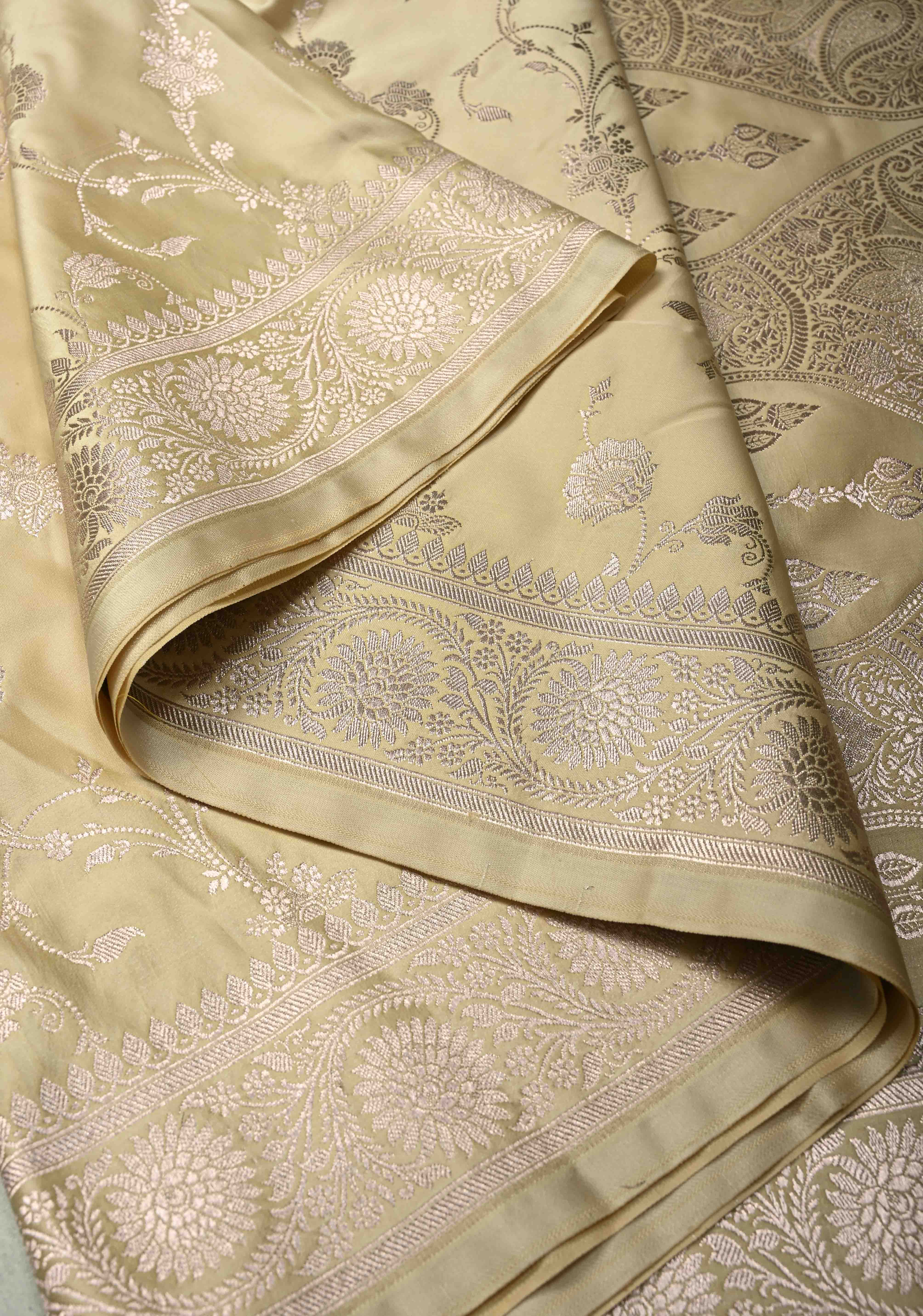 Champagne Banarasi Semi Mashru Silk Saree with Floral Jaal and Zari Border | Shobitam