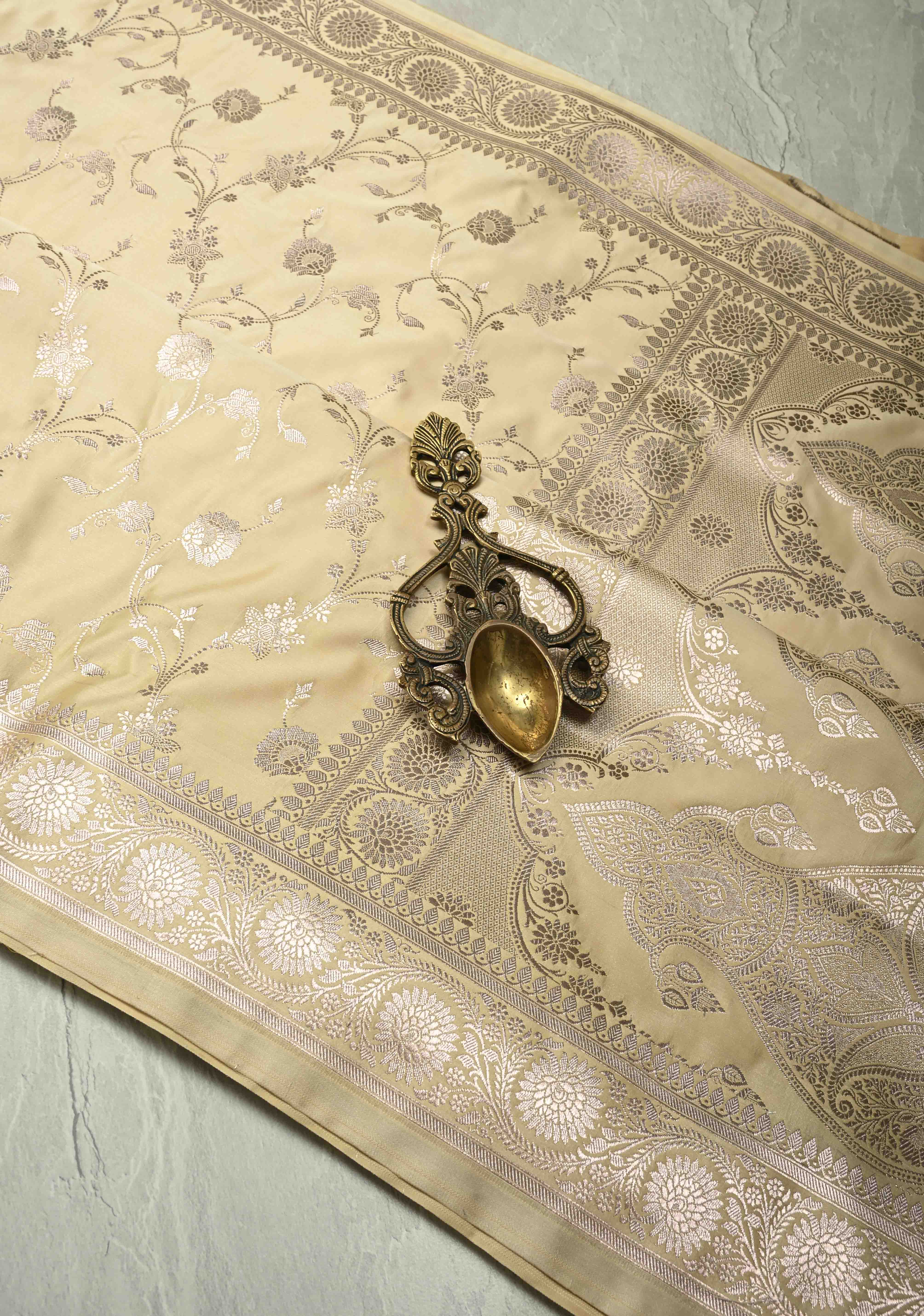 Champagne Banarasi Semi Mashru Silk Saree with Floral Jaal and Zari Border | Shobitam