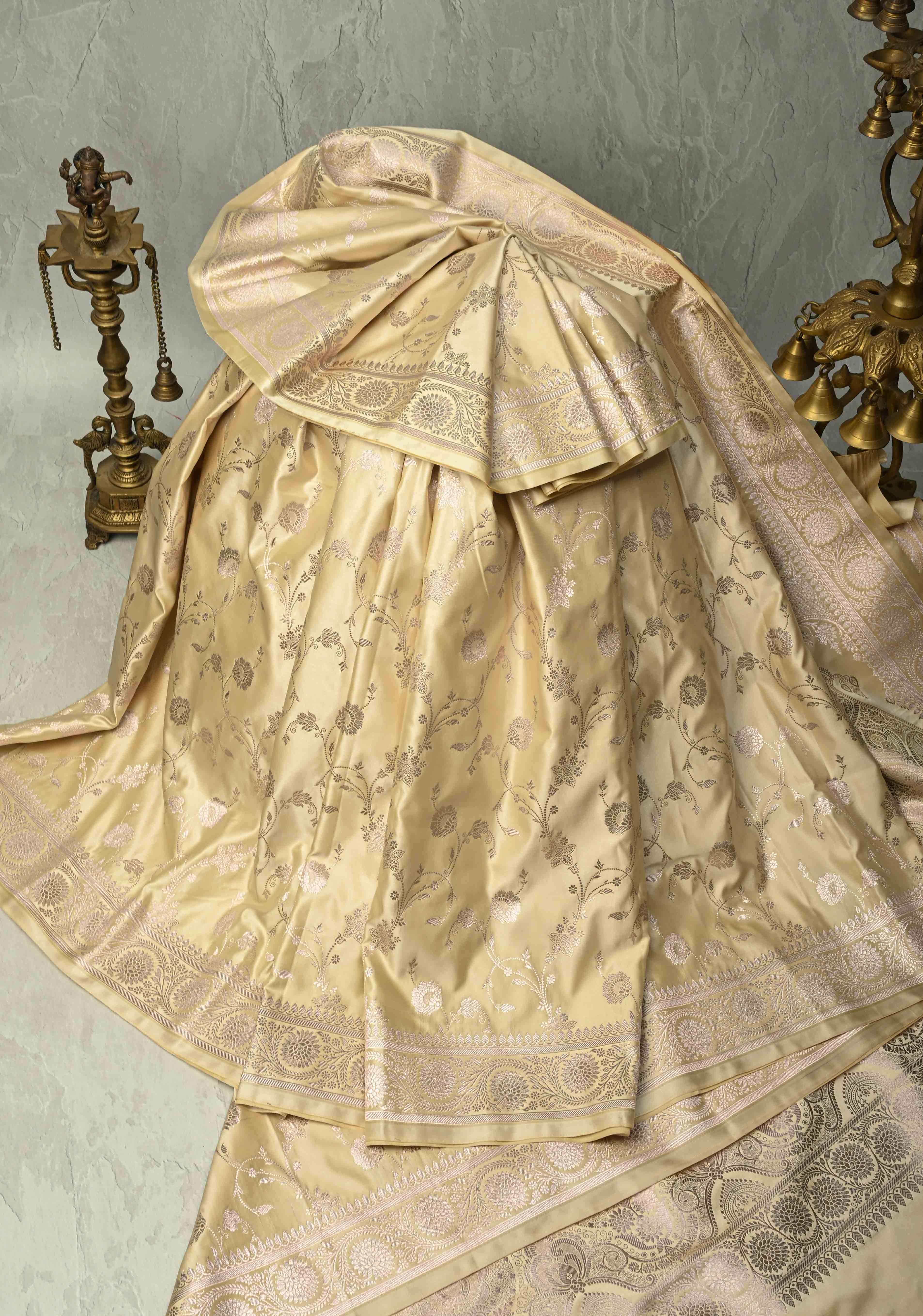 Champagne Banarasi Semi Mashru Silk Saree with Floral Jaal and Zari Border | Shobitam