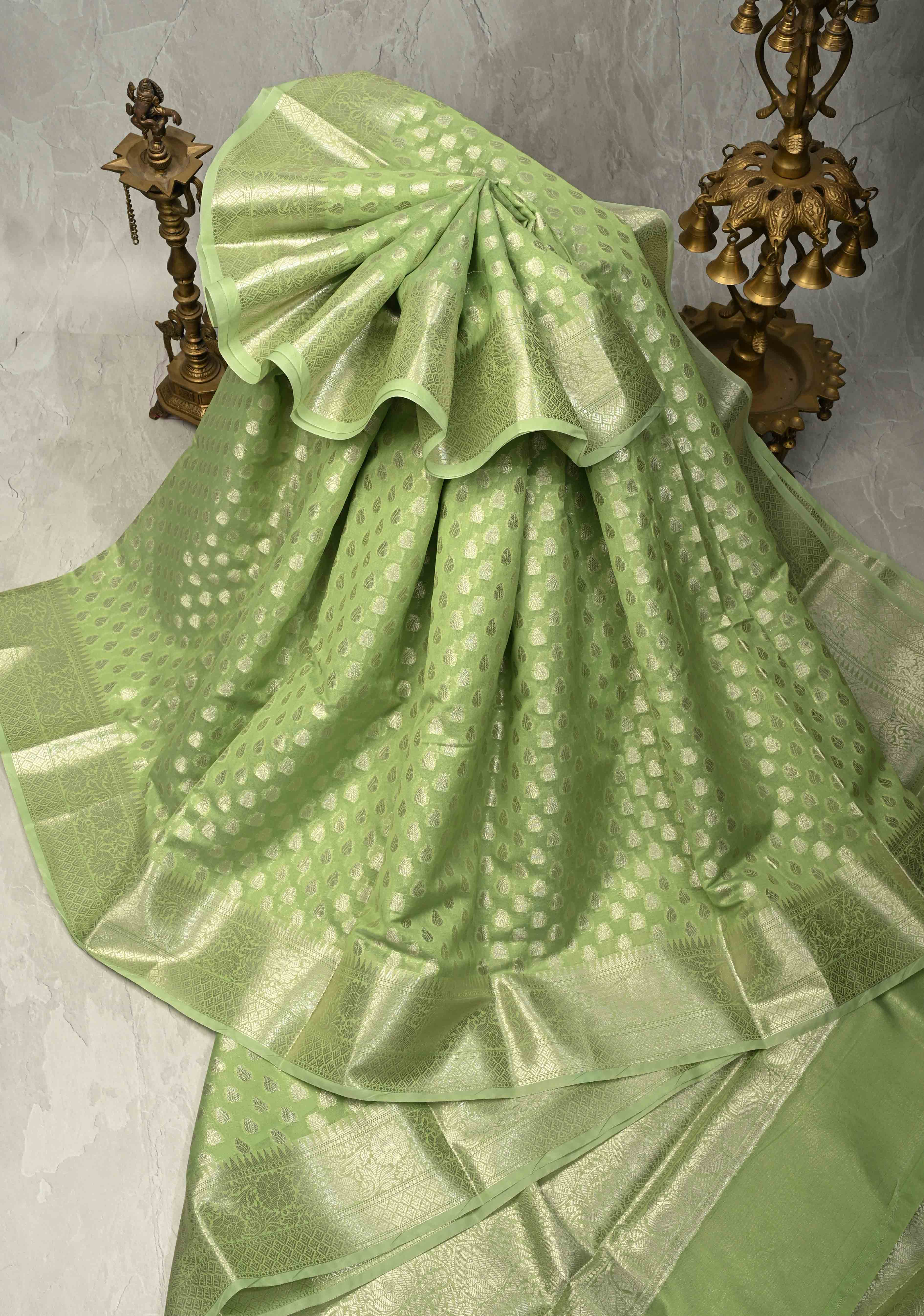 Pista Green Banarasi Semi Kora Saree with Silver Zari Buttas and Zari Border | Shobitam