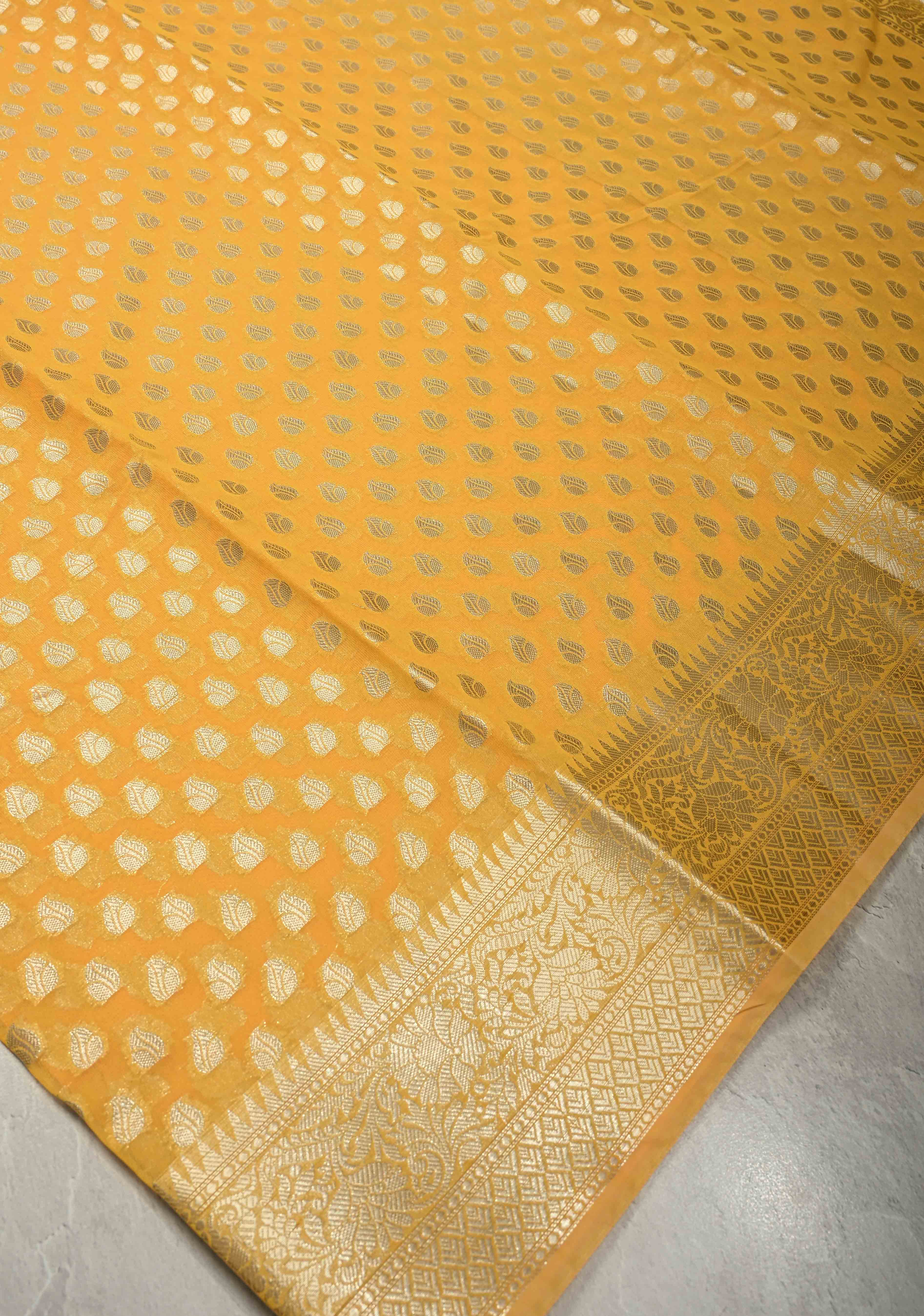 Haldi Yellow Semi Kora Silk Saree with Zari Buttas and Zari Border | Shobitam