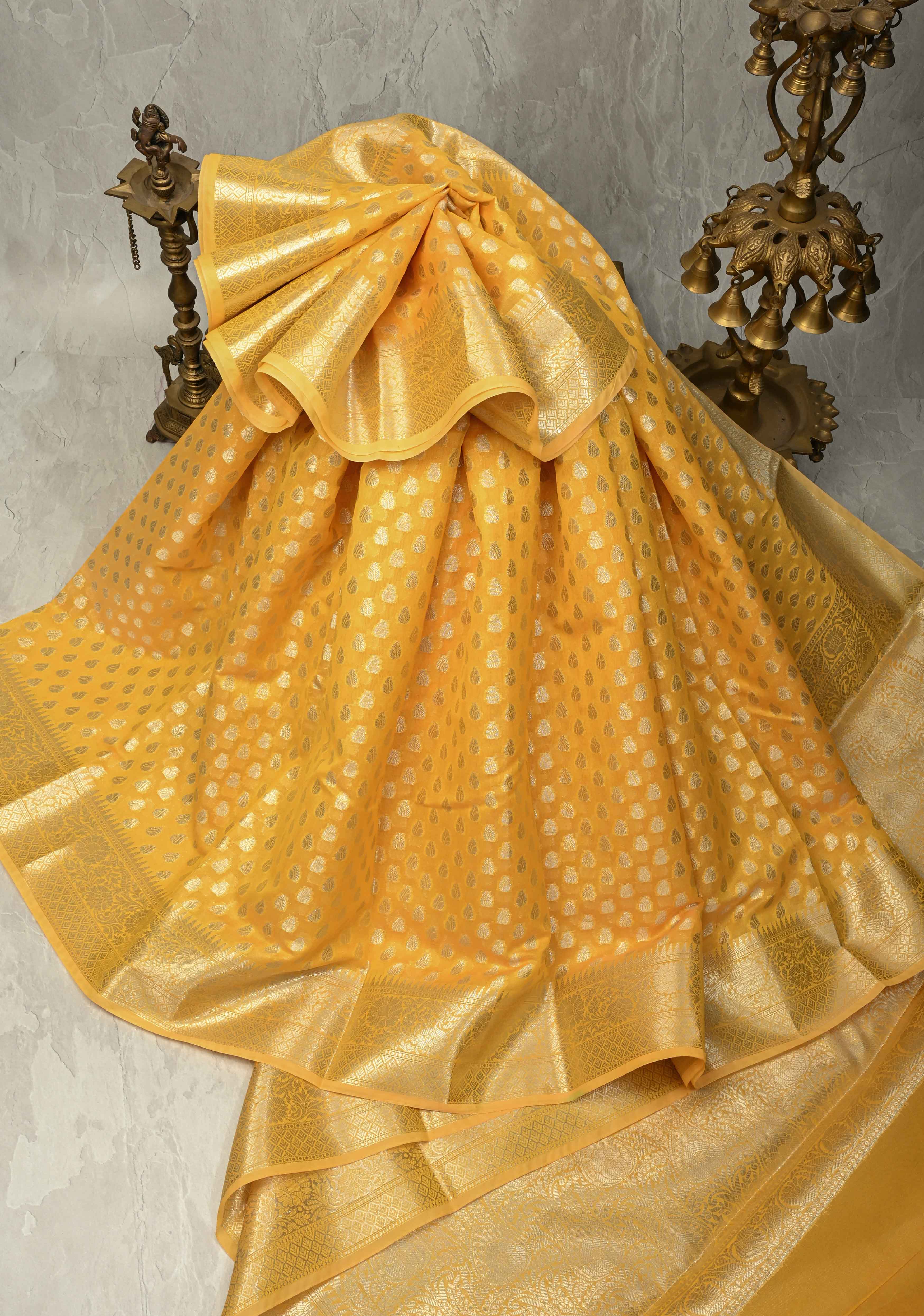 Haldi Yellow Semi Kora Silk Saree with Zari Buttas and Zari Border | Shobitam