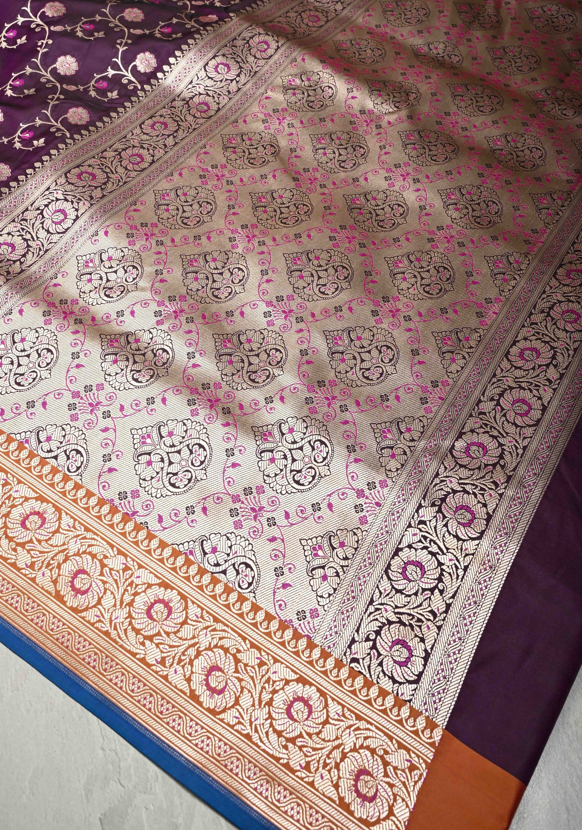 Deep Aubergine Meenakari Accents Semi Mashru Silk Saree with Floral Jaal and Zari Border | SHOBITAM