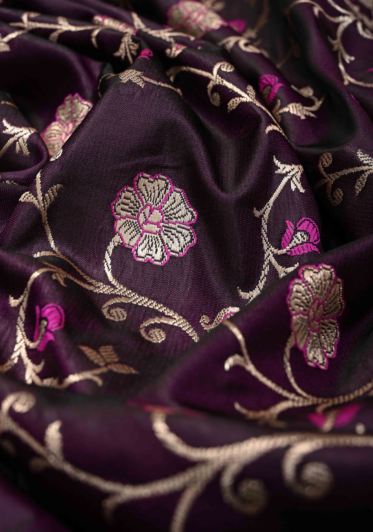 Deep Aubergine Meenakari Accents Semi Mashru Silk Saree with Floral Jaal and Zari Border | SHOBITAM