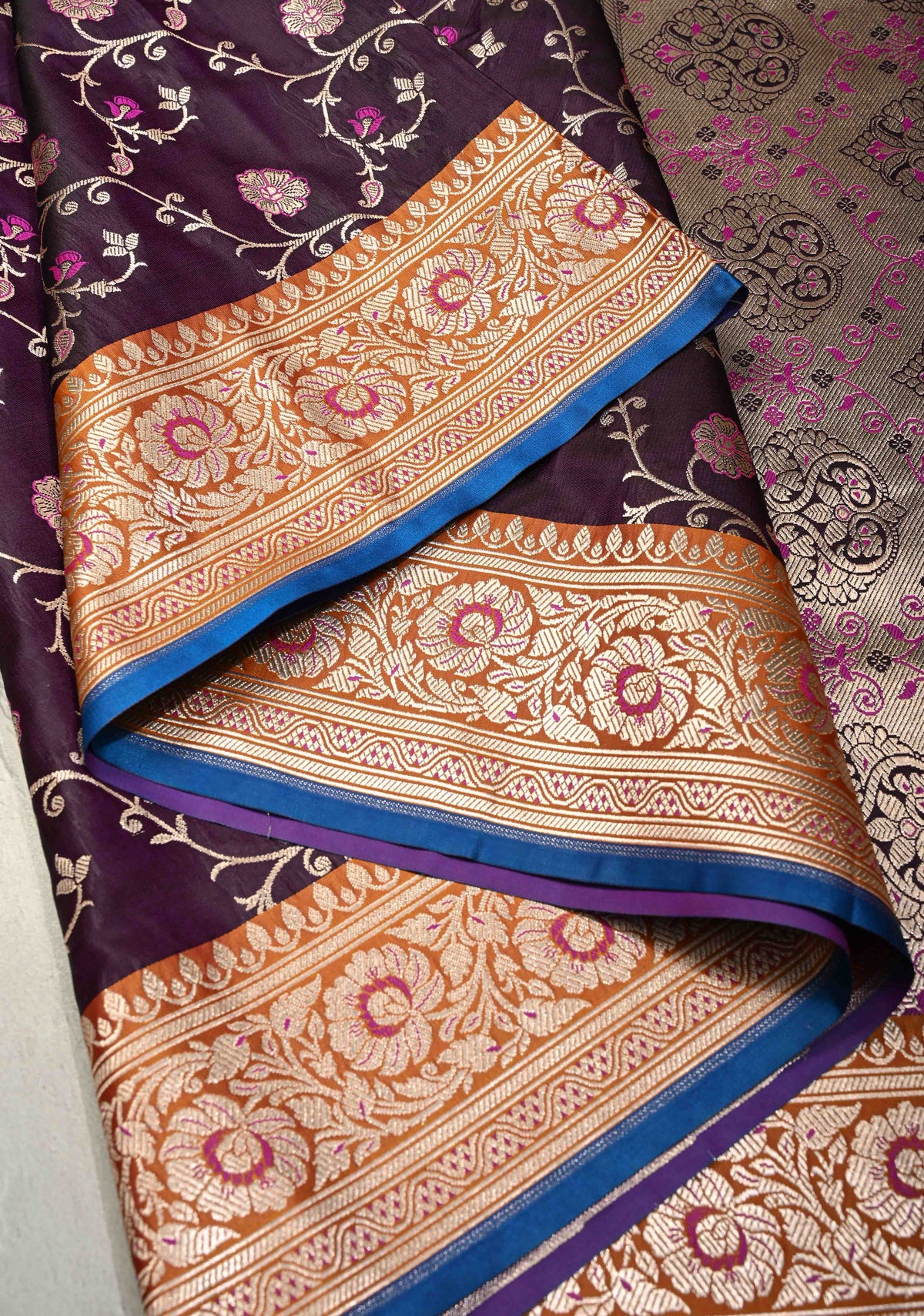 Deep Aubergine Meenakari Accents Semi Mashru Silk Saree with Floral Jaal and Zari Border | SHOBITAM