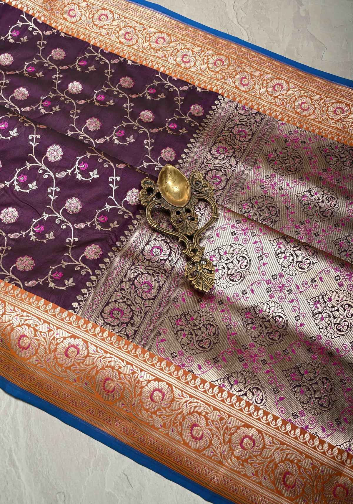 Deep Aubergine Meenakari Accents Semi Mashru Silk Saree with Floral Jaal and Zari Border | SHOBITAM