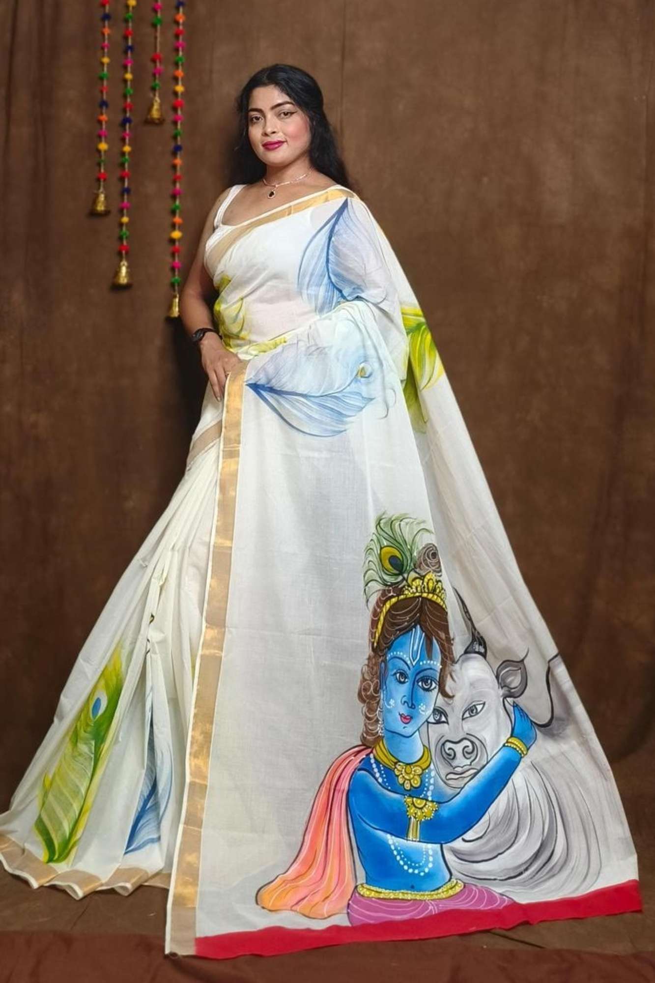 White Cotton Featuring Hand-Painted Krishna with Cow Ready To Wear Saree