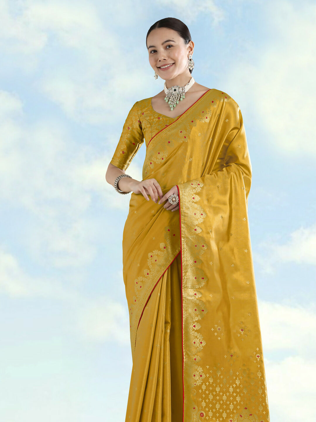 Mustard Color Paisley Zari Woven Semi Banarasi Tissue Silk Saree | Shobitam