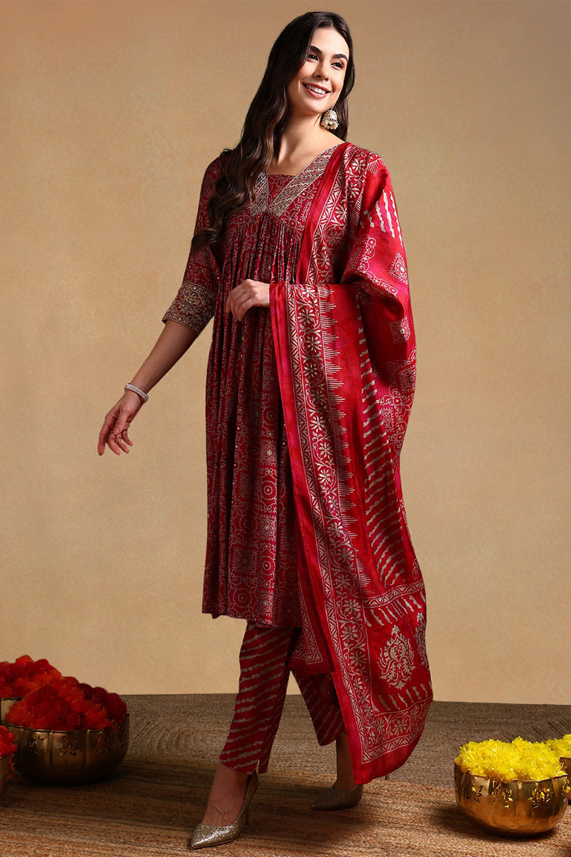 Maroon Silk Blend Ethnic Motifs Printed Flared Suit Set | SHOBITAM