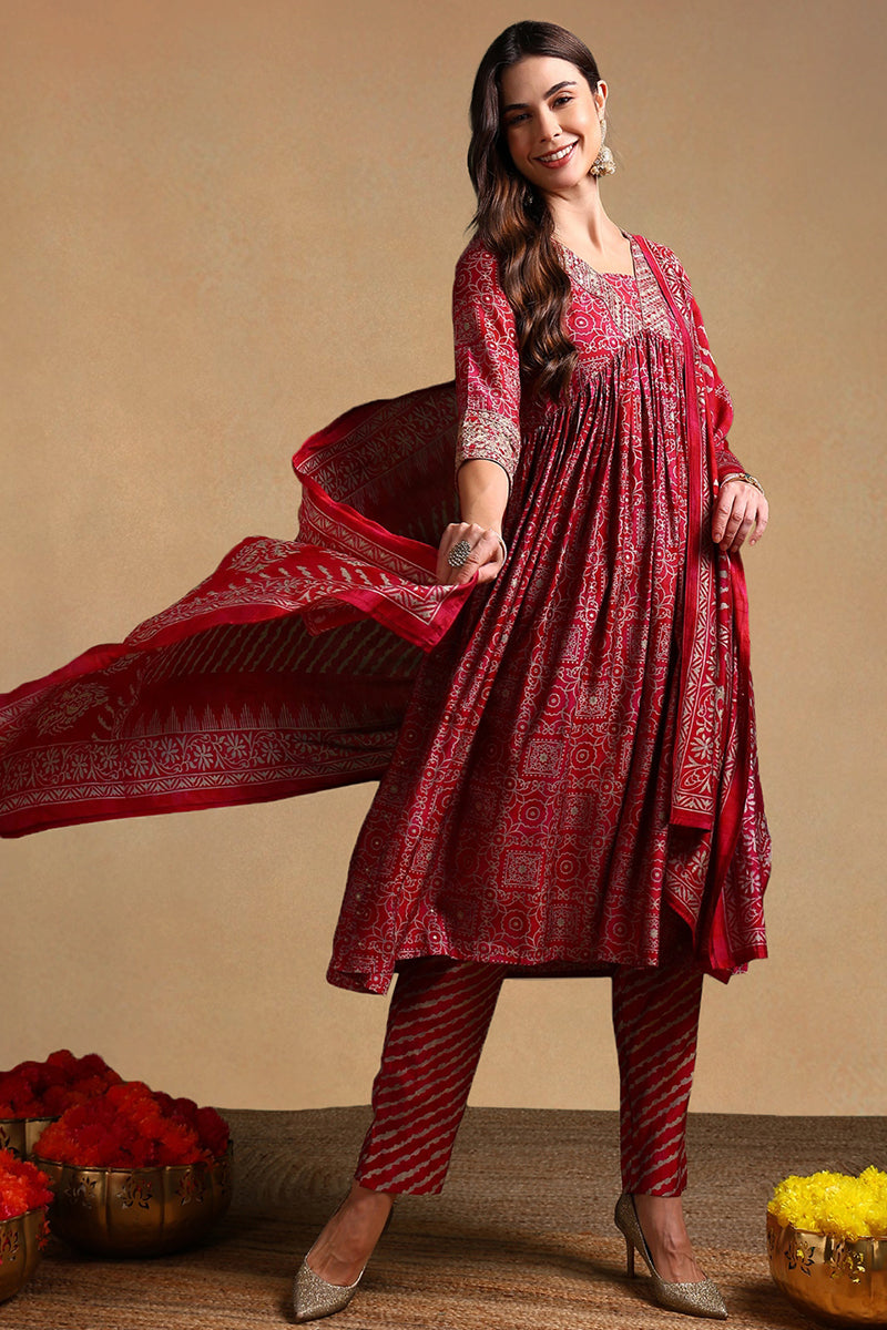 Maroon Silk Blend Ethnic Motifs Printed Flared Suit Set | SHOBITAM